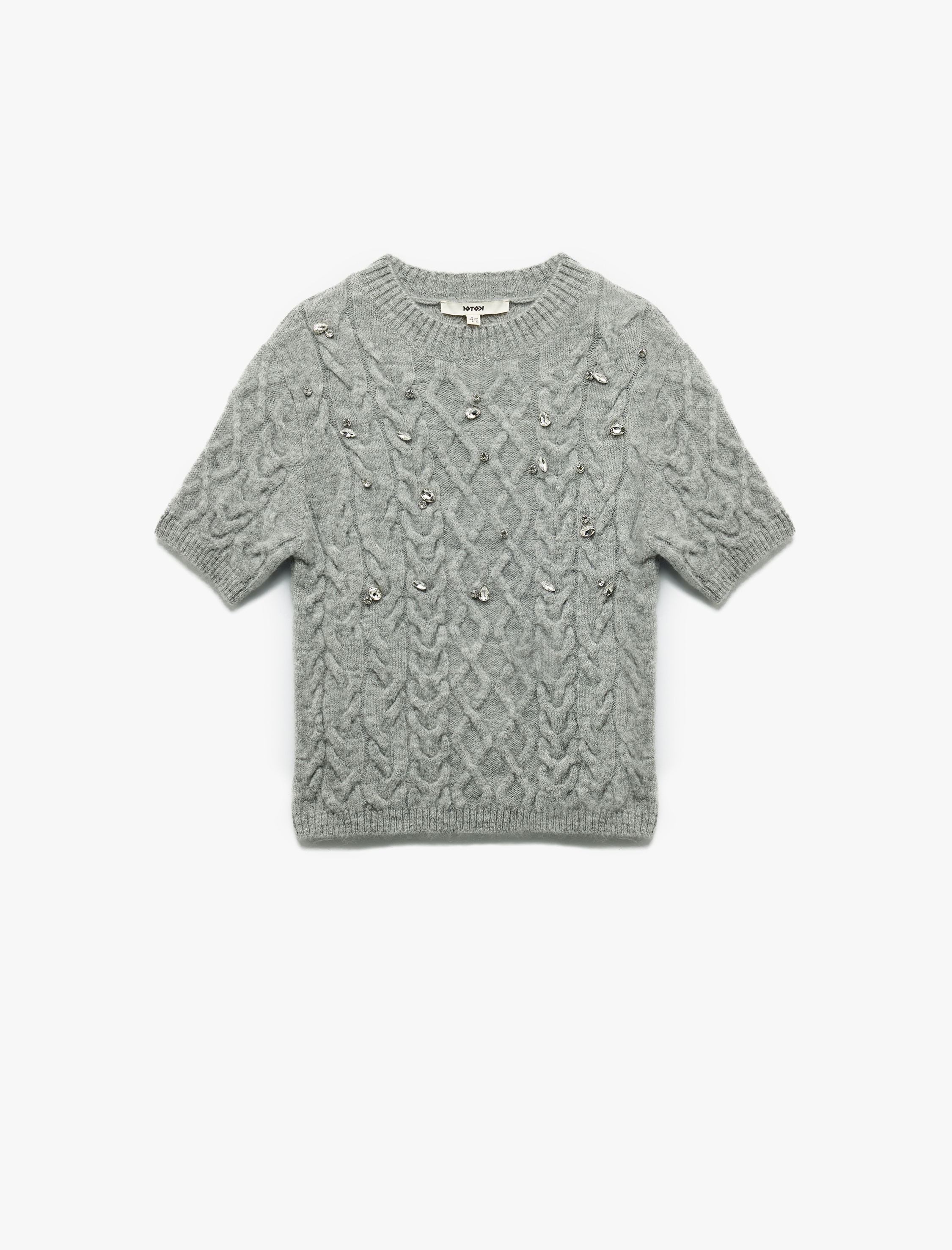   Regular Fit Kısa Kollu Bisiklet Yaka Taşlı Saç Örgü Kazak