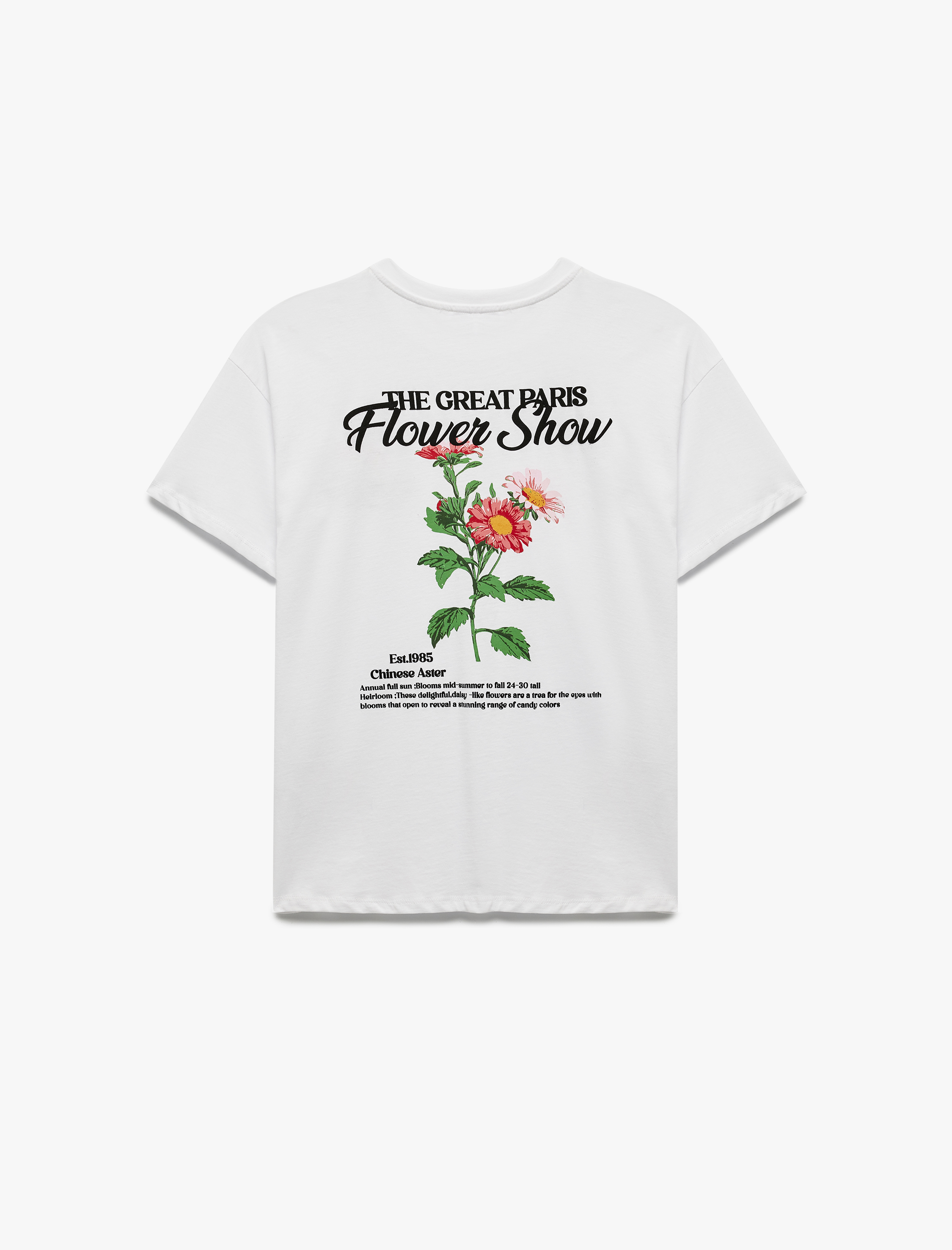   Pamuklu Kısa Kollu Bisiklet Yaka Arkası Çiçek Baskılı Tişört