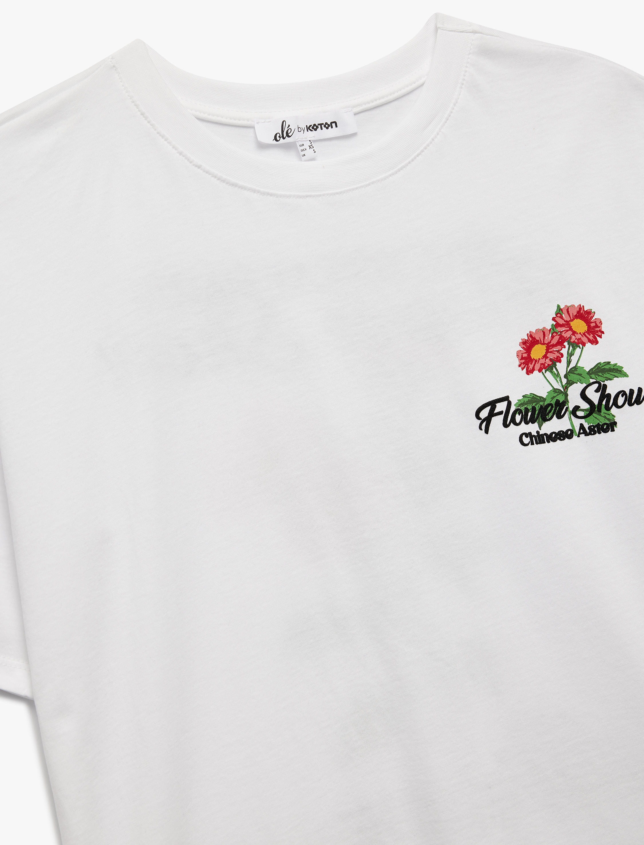   Pamuklu Kısa Kollu Bisiklet Yaka Arkası Çiçek Baskılı Tişört