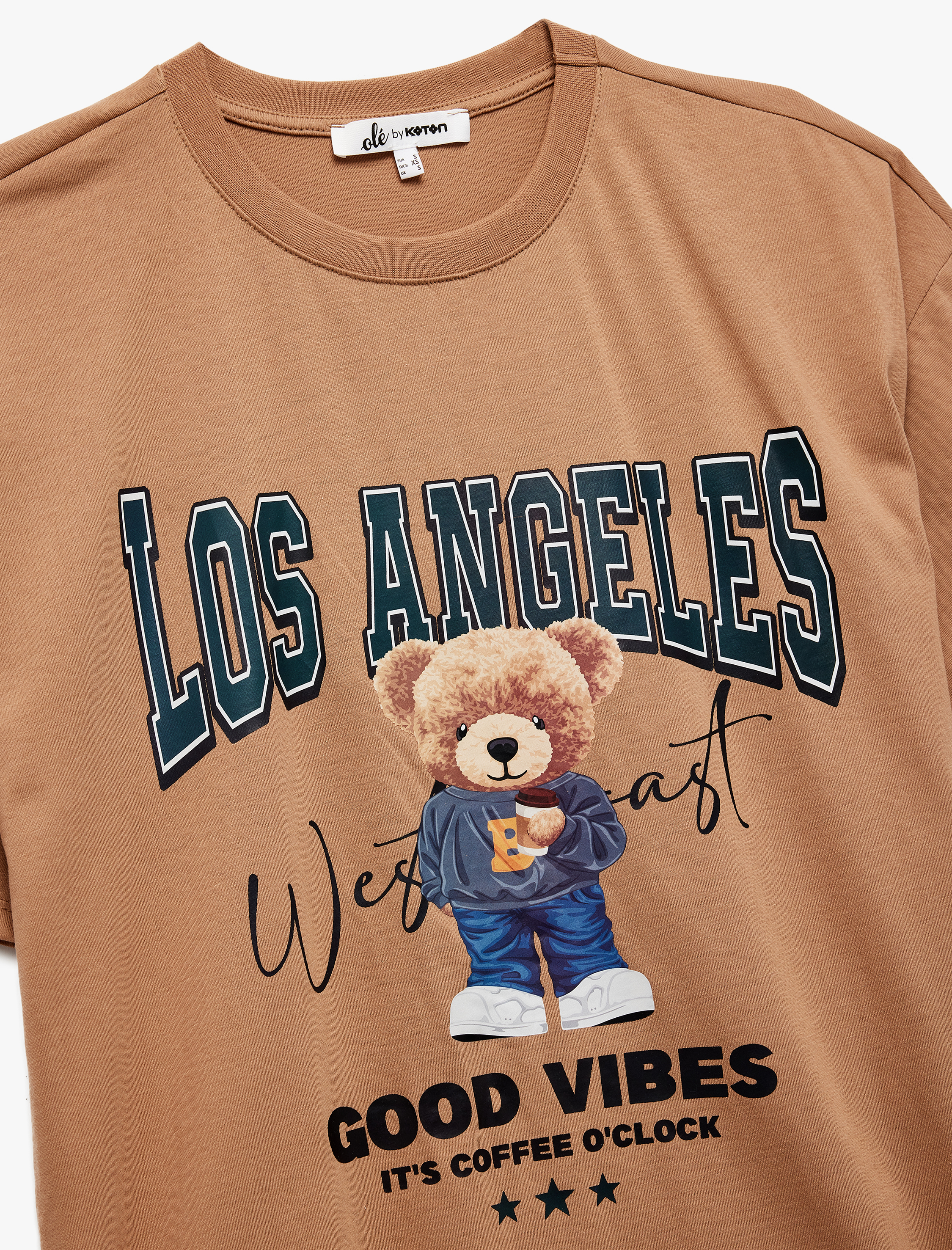 Kısa Kollu Bisiklet Yaka Pamuklu Ayıcık Baskılı Oversize Tişört