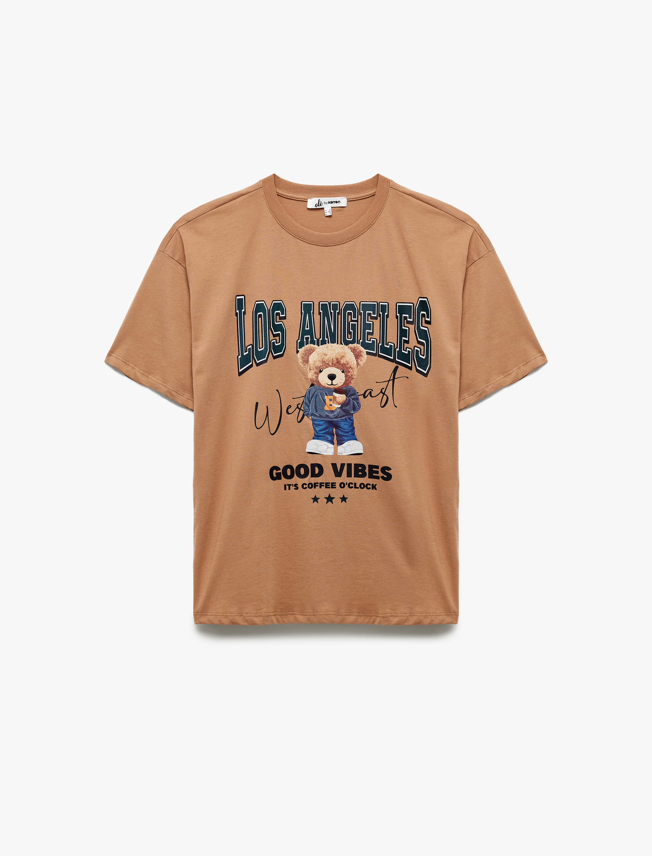 Kısa Kollu Bisiklet Yaka Pamuklu Ayıcık Baskılı Oversize Tişört