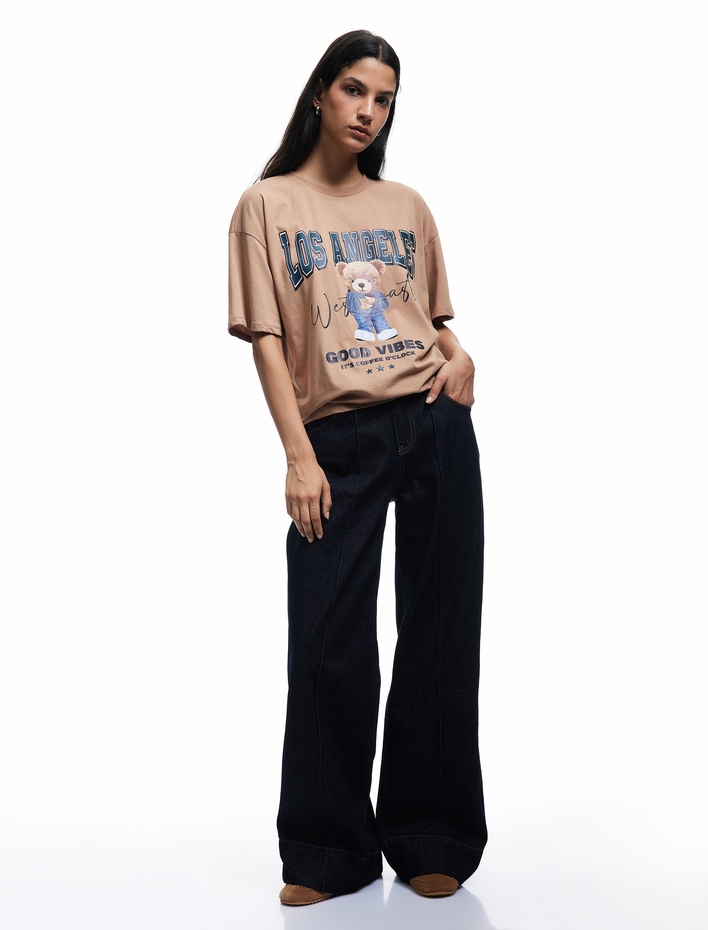  Kısa Kollu Bisiklet Yaka Pamuklu Ayıcık Baskılı Oversize Tişört