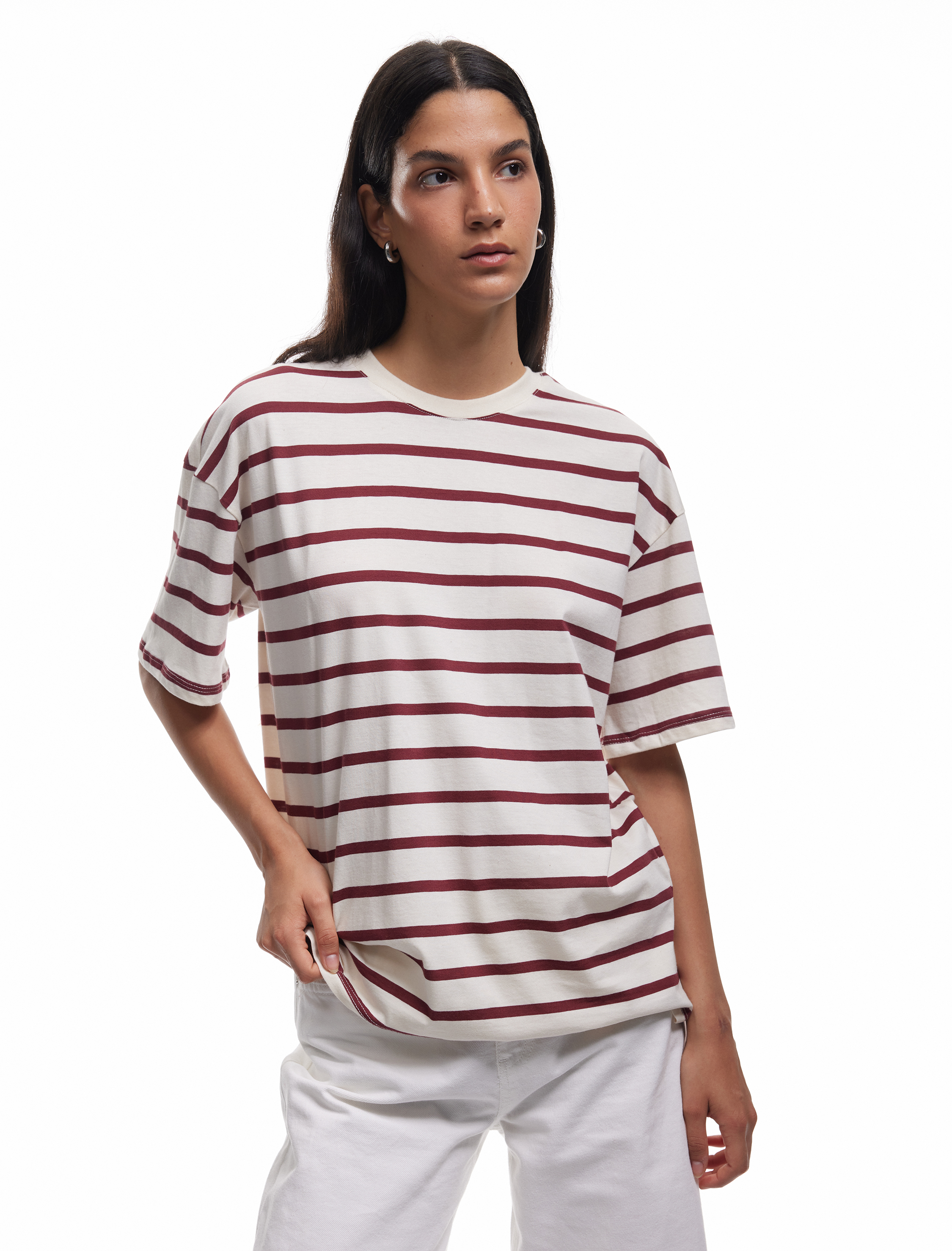   Pamuklu Kısa Kollu Bisiklet Yaka Basic Çizgili Tişört