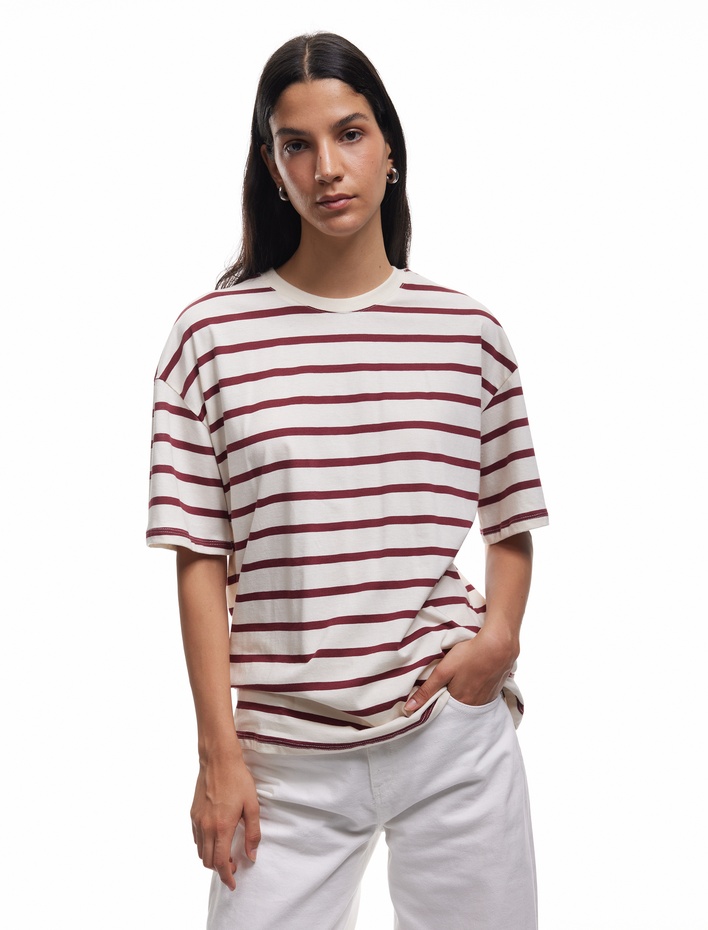  Pamuklu Kısa Kollu Bisiklet Yaka Basic Çizgili Tişört