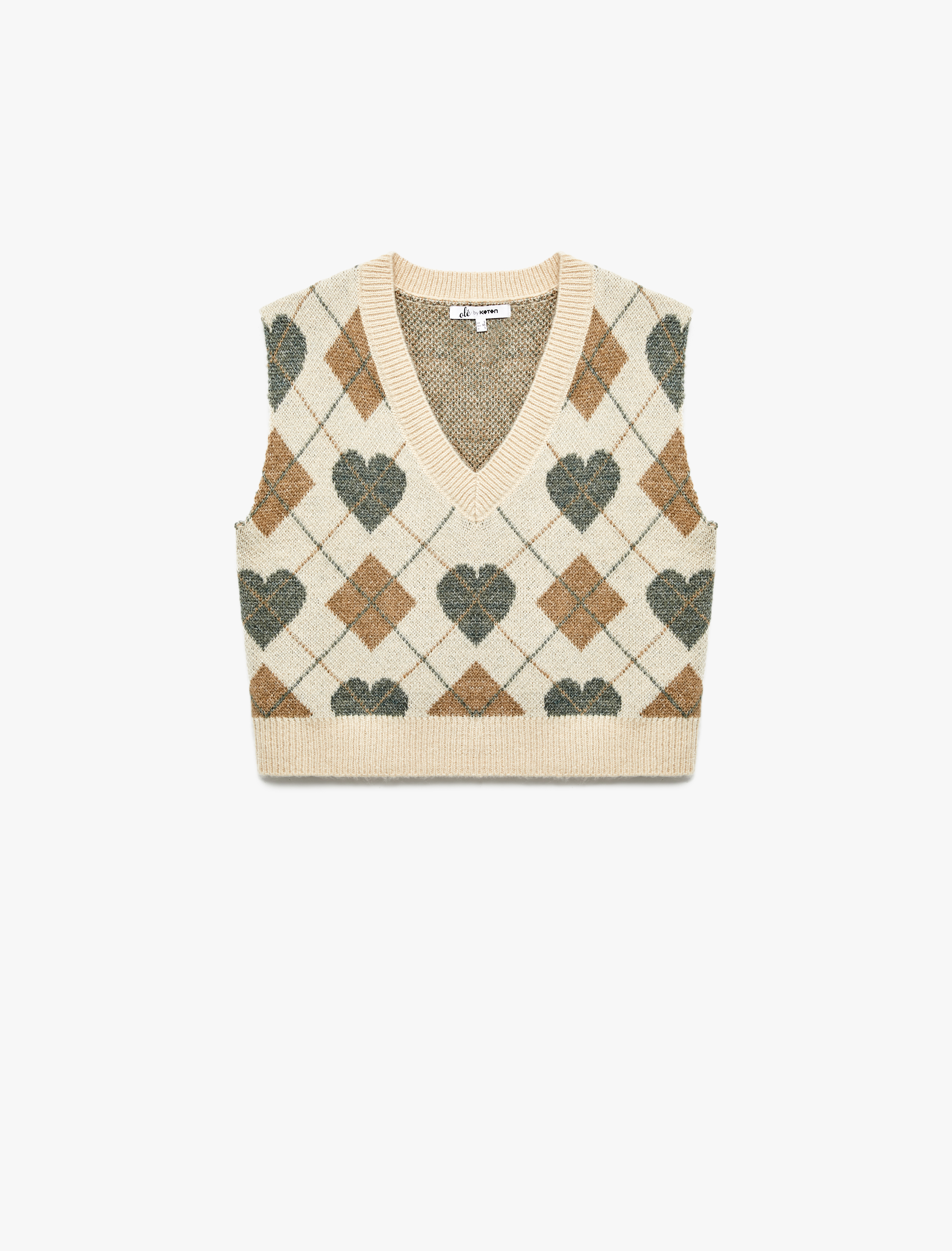   Kalp Desenli V Yaka Kolsuz Triko Süveter