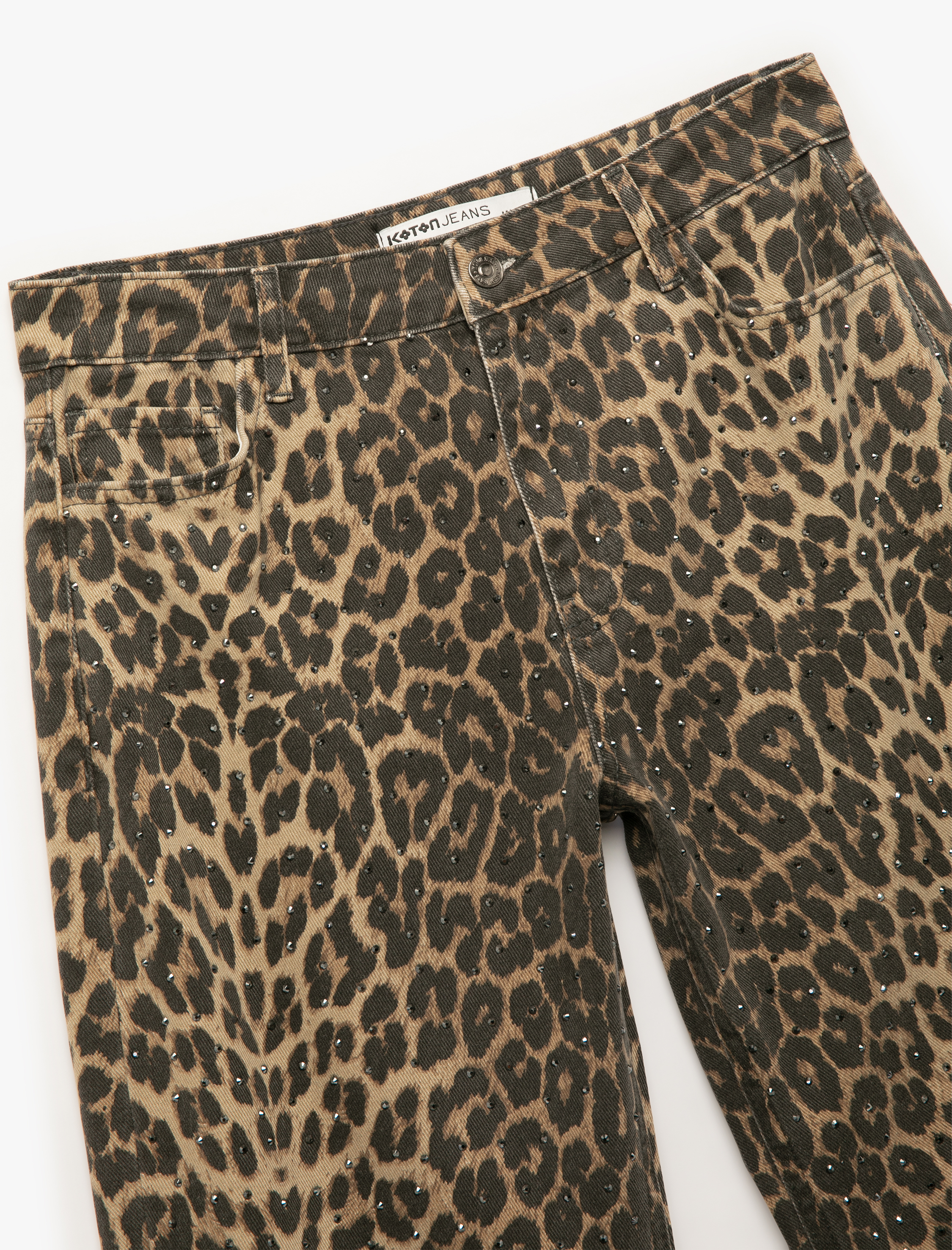   Pamuklu Taş Detaylı Düğmeli Cepli Leopar Desenli Jean Pantolon - Longer Straight Jean