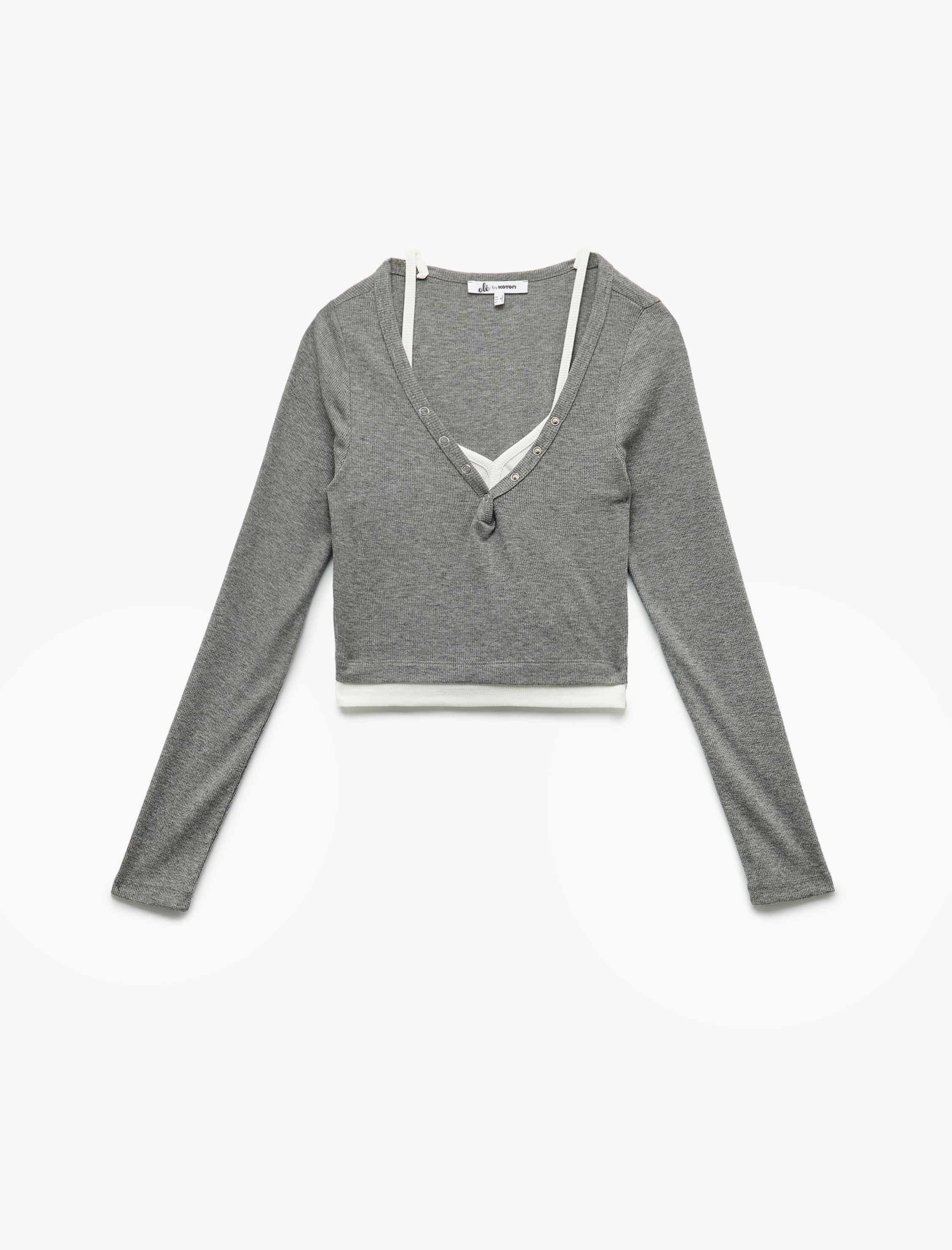   V Yaka Uzun Kollu Düğmeli Atlet Detaylı Kaşkorse Crop Tişört