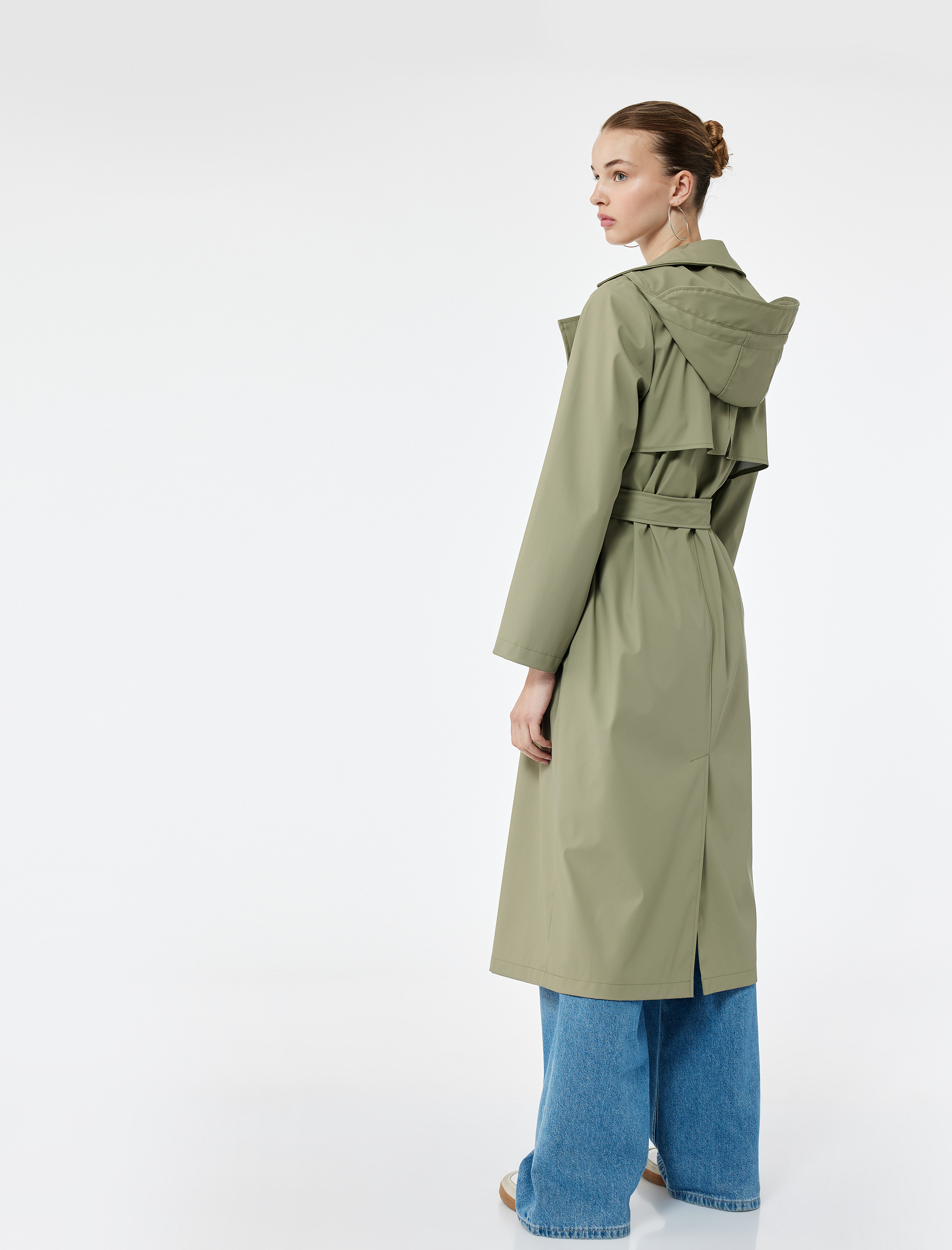   Düğmeli Kemer Detaylı Kruvaze Yaka Çıkarılabilir Kapüşonlu Uzun Trençkot