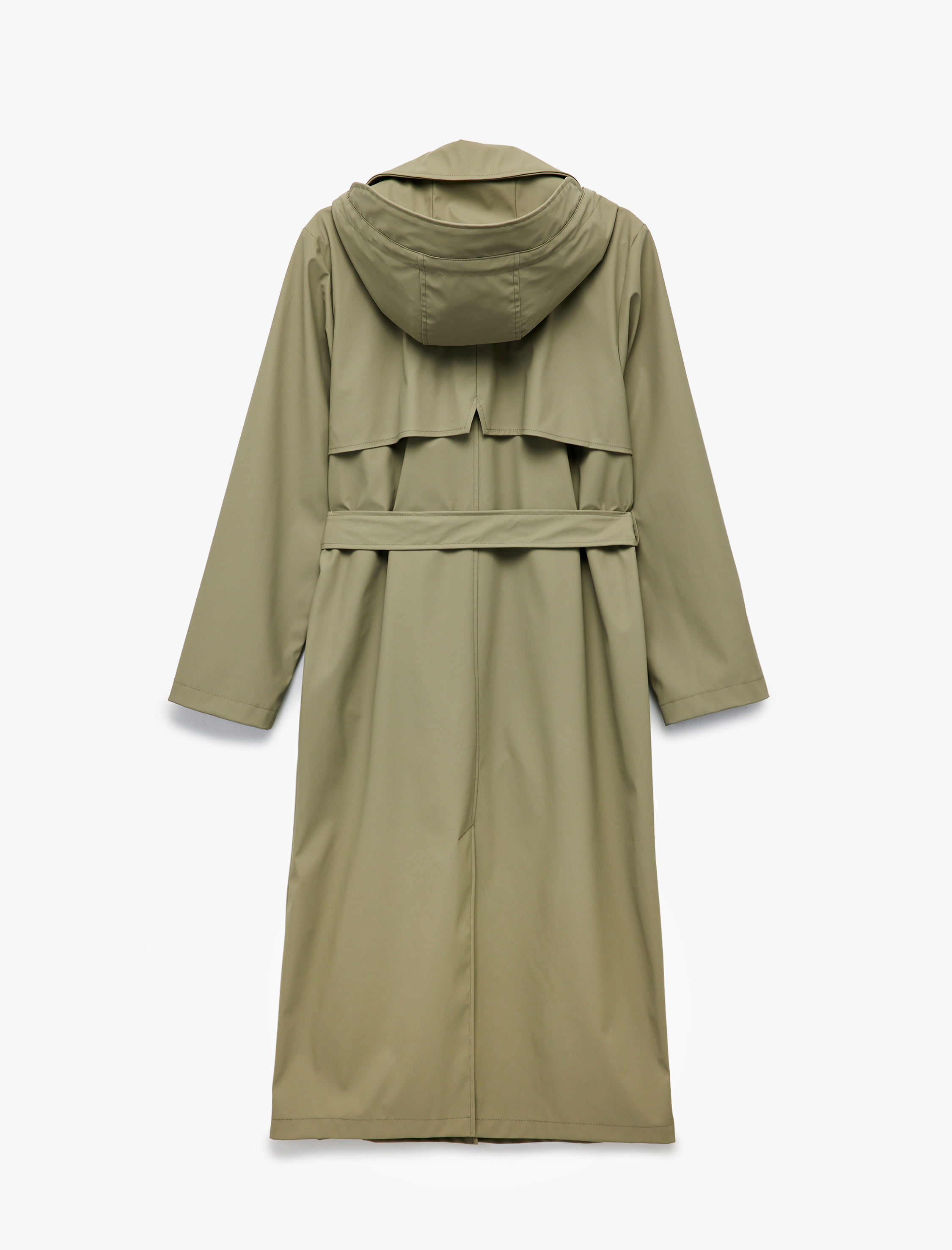   Düğmeli Kemer Detaylı Kruvaze Yaka Çıkarılabilir Kapüşonlu Uzun Trençkot