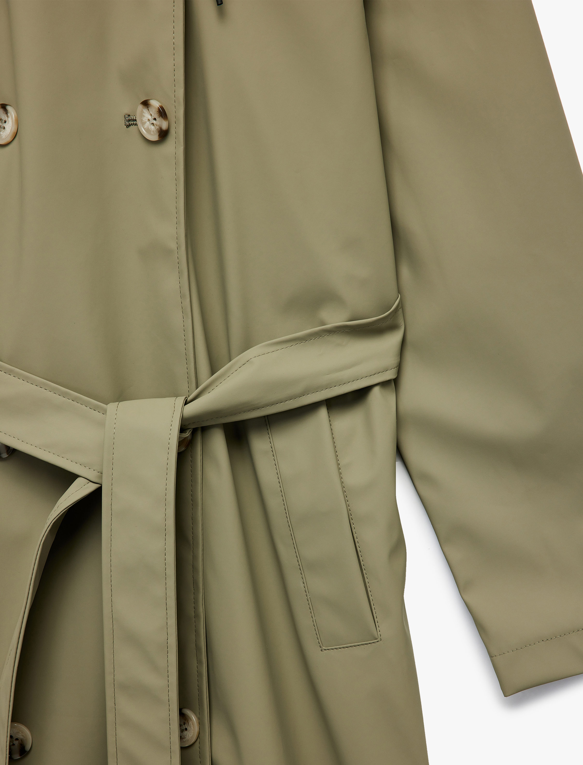   Düğmeli Kemer Detaylı Kruvaze Yaka Çıkarılabilir Kapüşonlu Uzun Trençkot