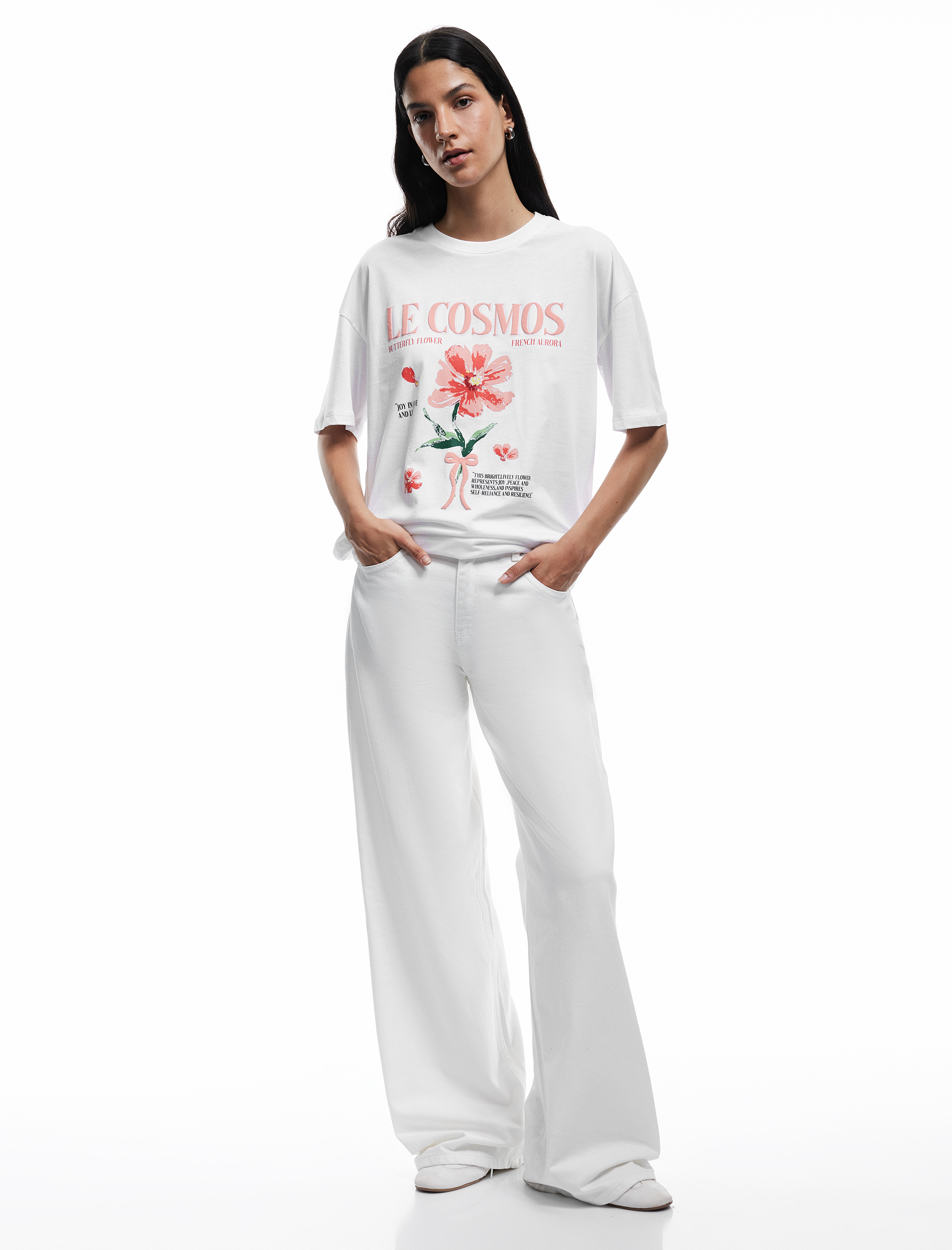   Pamuklu Kısa Kollu Bisiklet Yaka Fiyonklu Hibiskus Baskılı Tişört