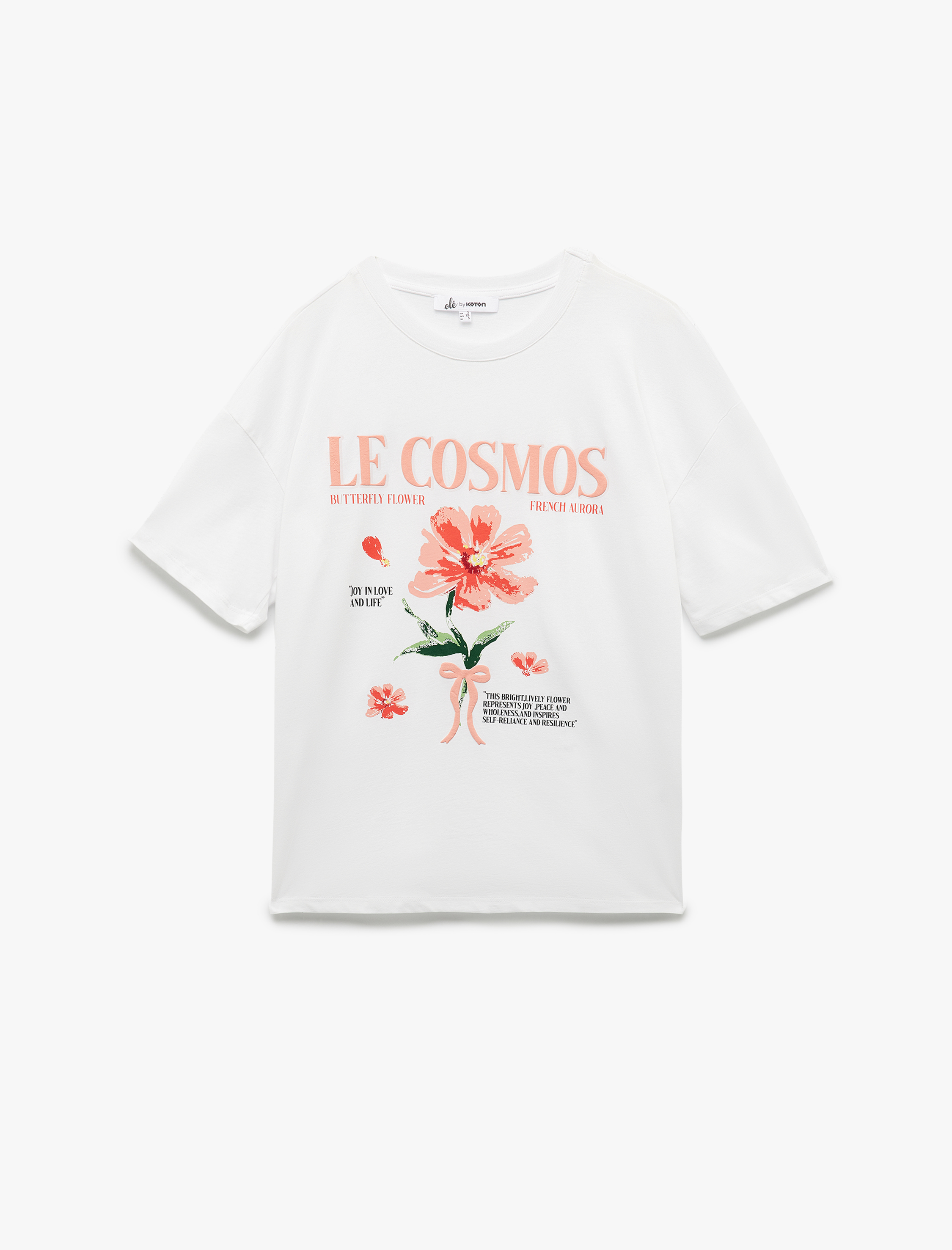   Pamuklu Kısa Kollu Bisiklet Yaka Fiyonklu Hibiskus Baskılı Tişört