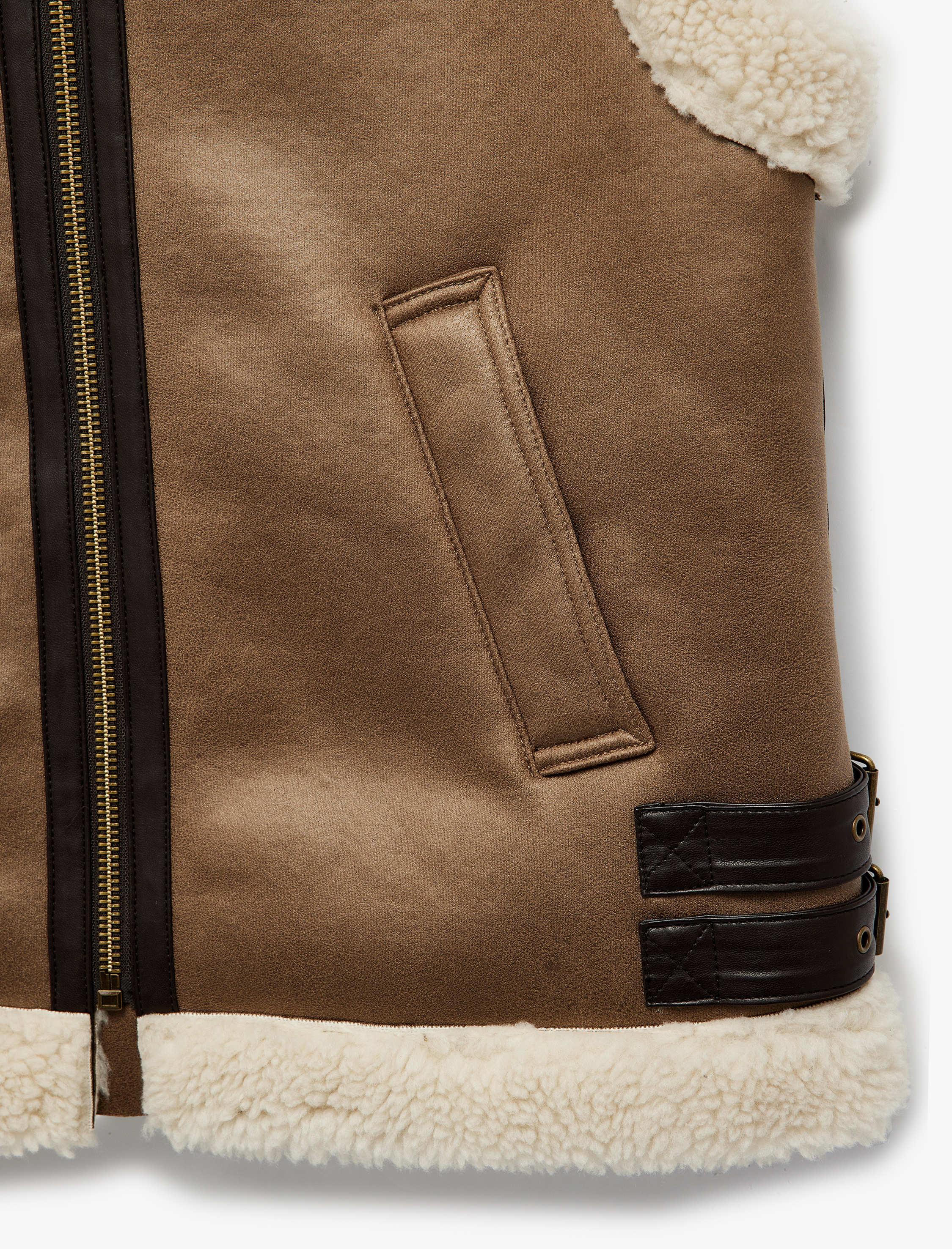   Peluş Şerpalı Yaka Süet Görünümlü Kolsuz Cepli Fermuarlı Oversize Yelek