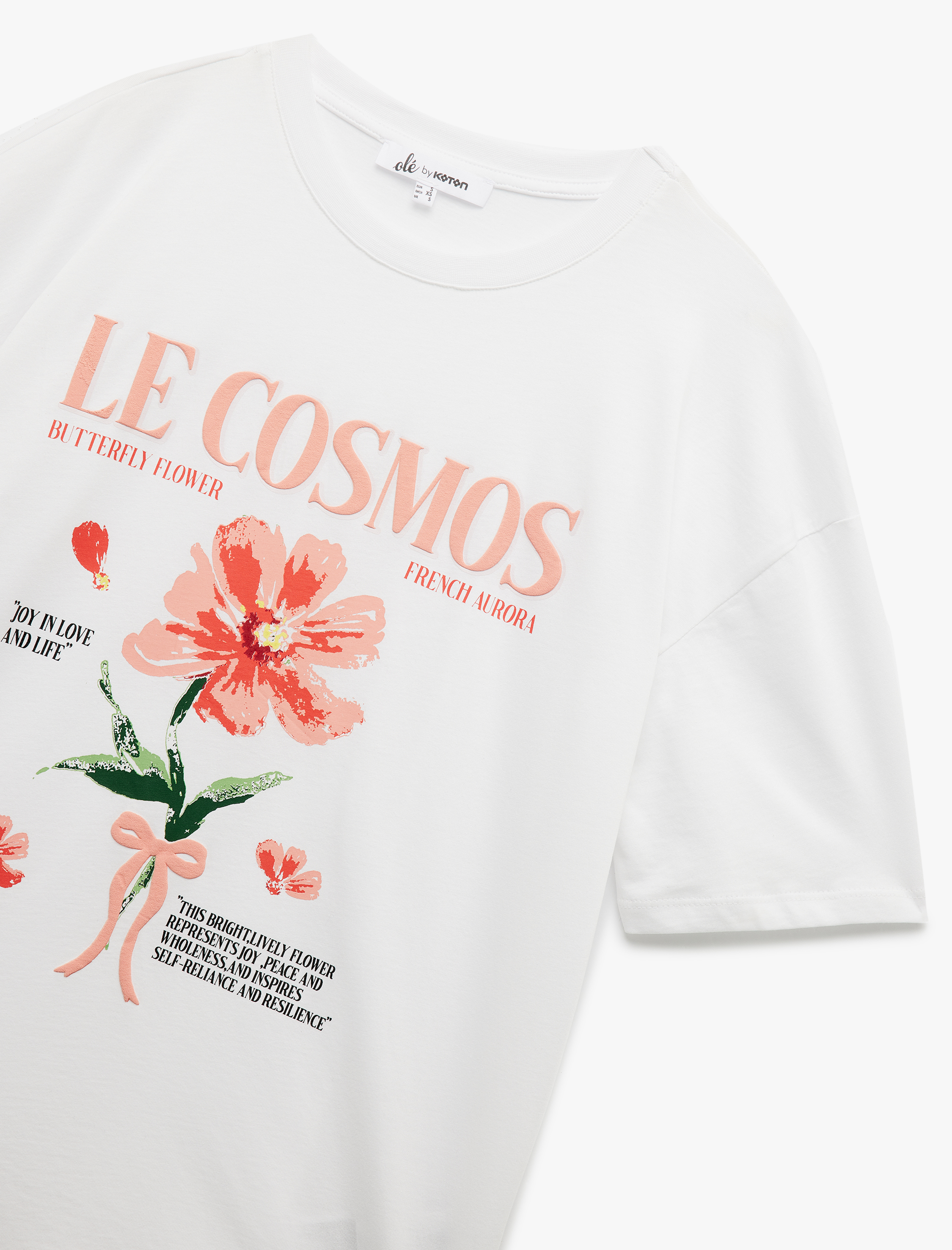   Pamuklu Kısa Kollu Bisiklet Yaka Fiyonklu Hibiskus Baskılı Tişört