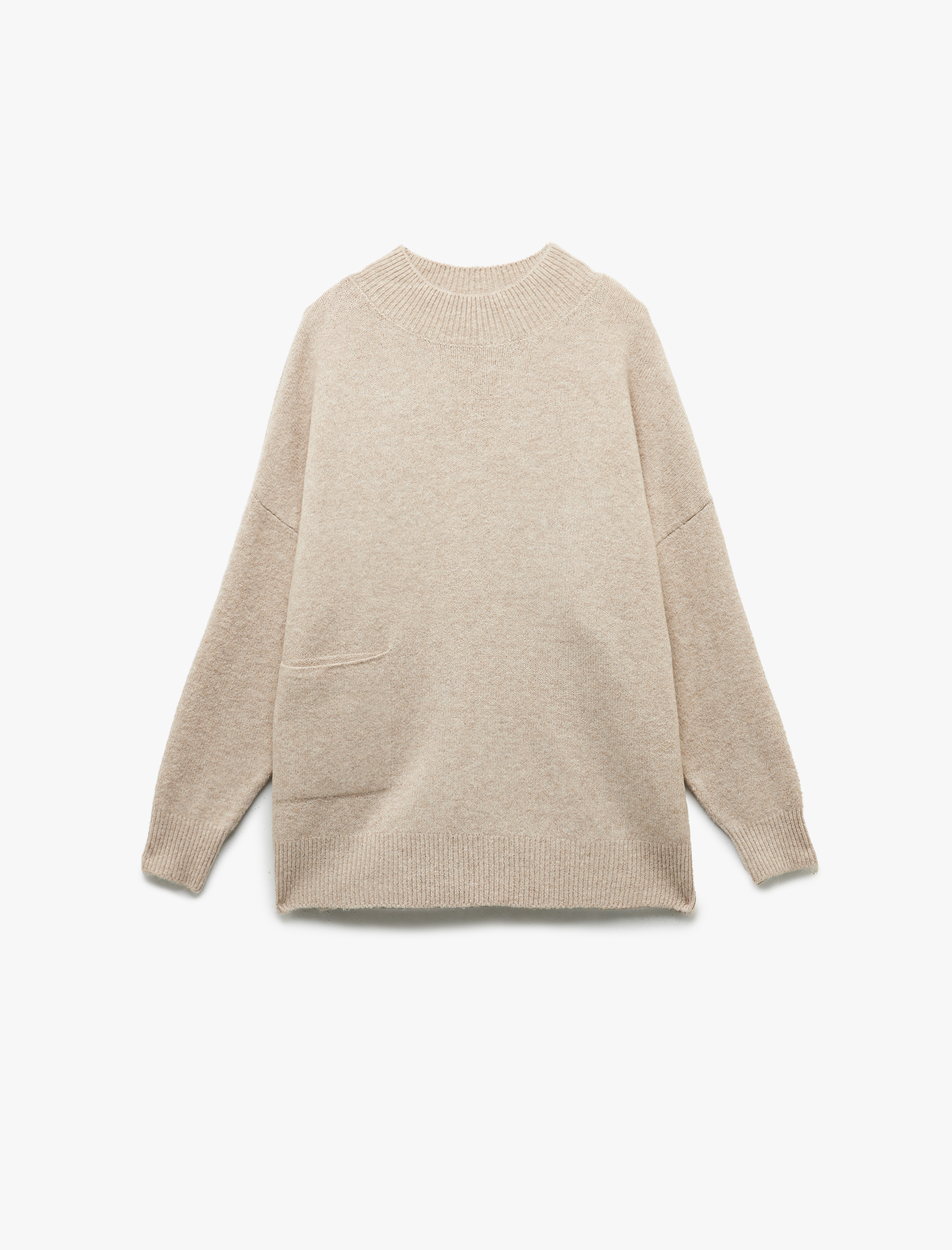   Uzun Kollu Dik Yaka Rahat Kalıp Cep Detaylı Triko Tunik