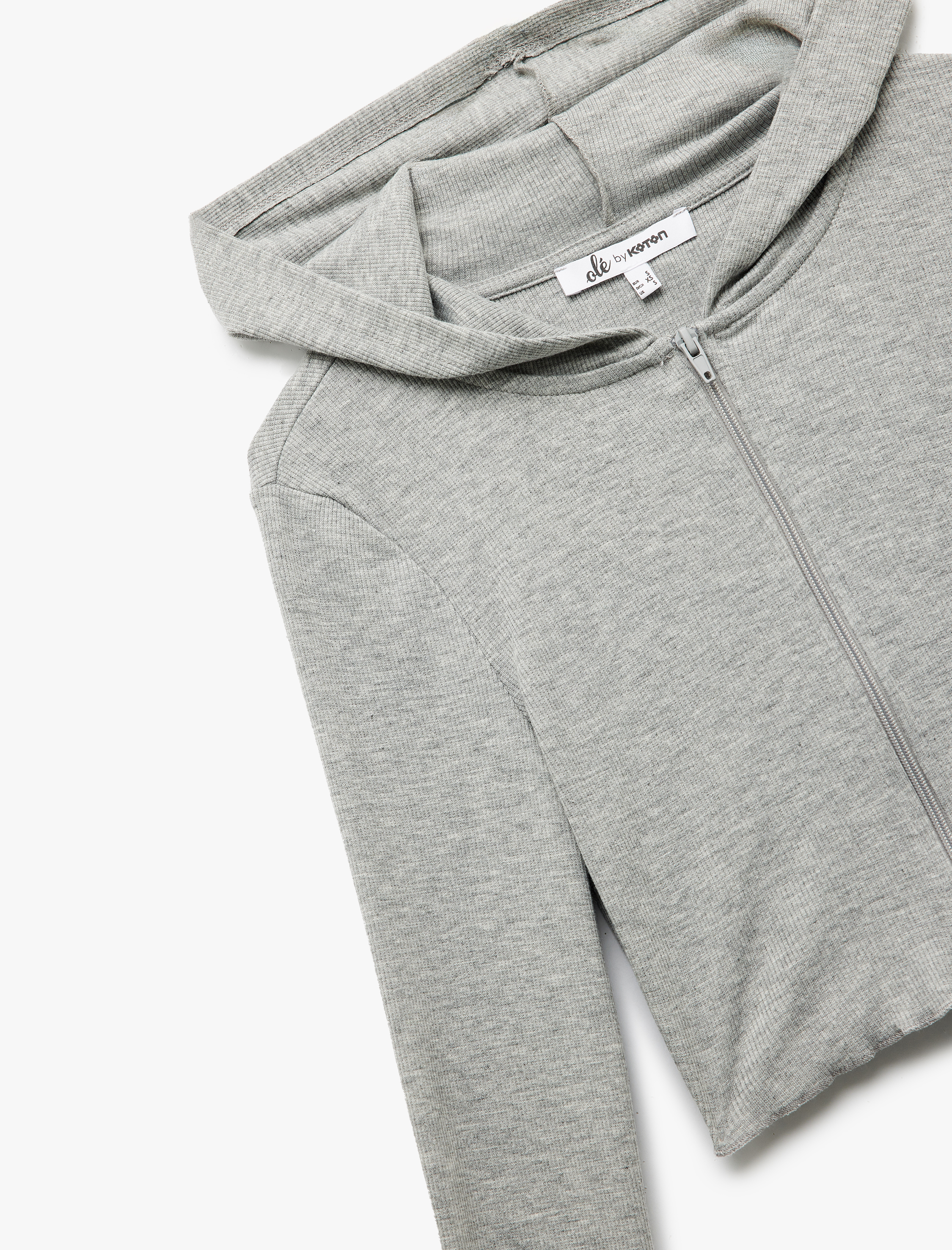   Kapüşonlu Fermuarlı Viskon Karışımlı Dar Kesim Uzun Kollu Crop Hırka