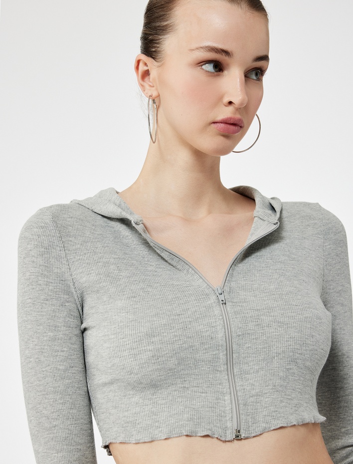  Kapüşonlu Fermuarlı Viskon Karışımlı Dar Kesim Uzun Kollu Crop Hırka