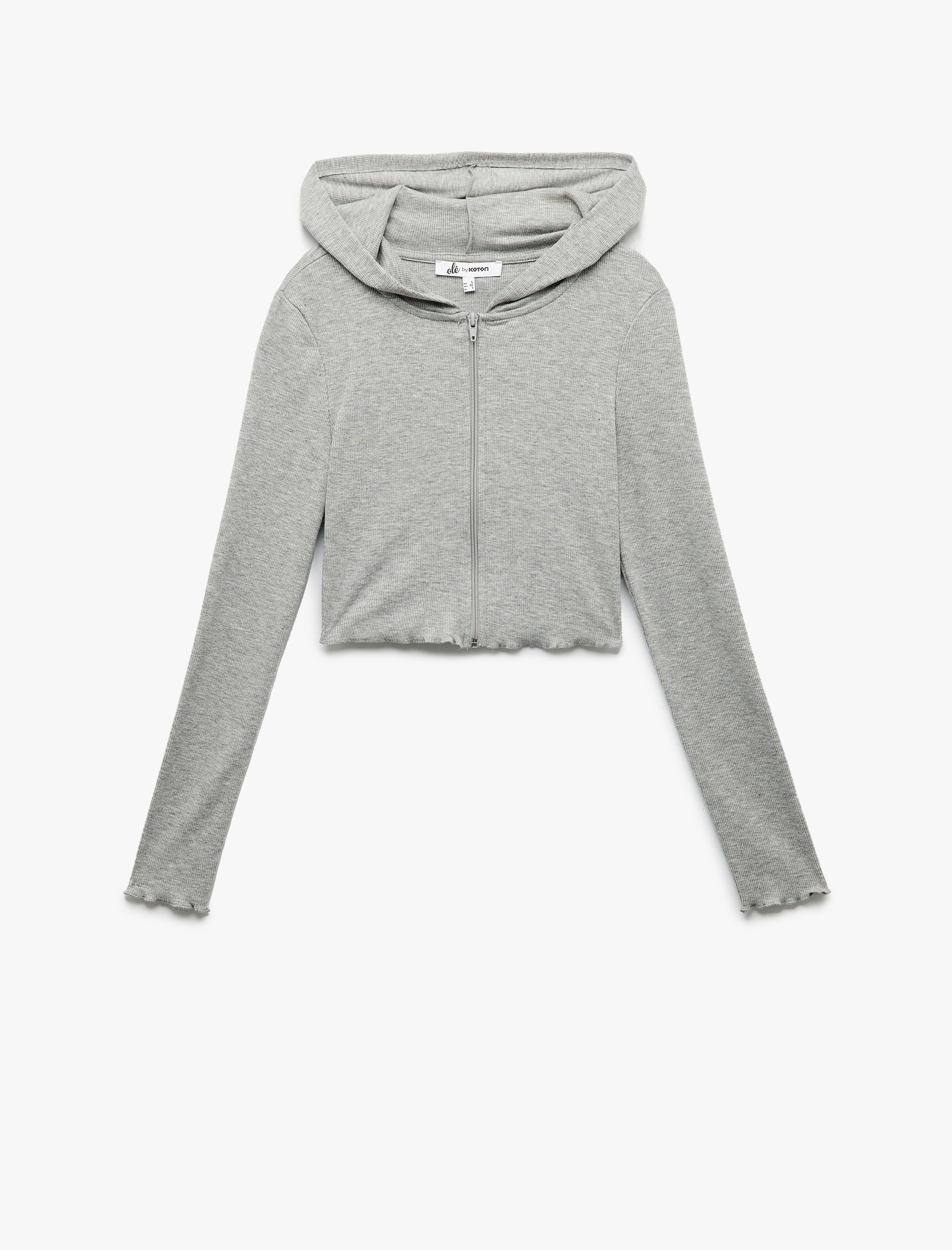   Kapüşonlu Fermuarlı Viskon Karışımlı Dar Kesim Uzun Kollu Crop Hırka