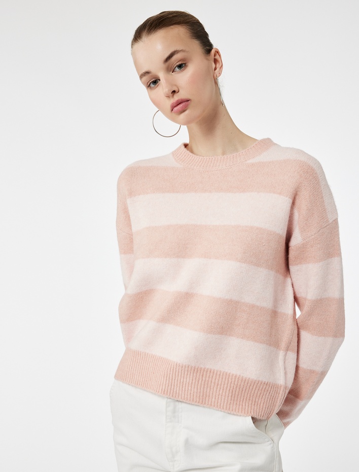  Uzun Kollu Bisiklet Yaka Çizgili Triko Kazak