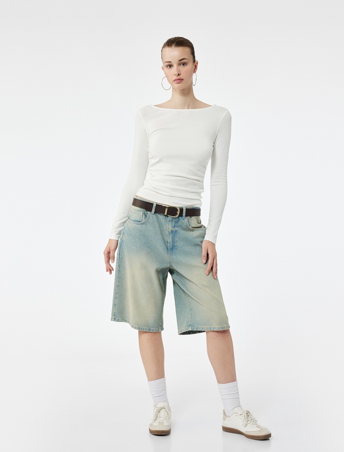  Pamuklu Slim Fit Kayık Yaka Drapeli Uzun Kollu Tişört