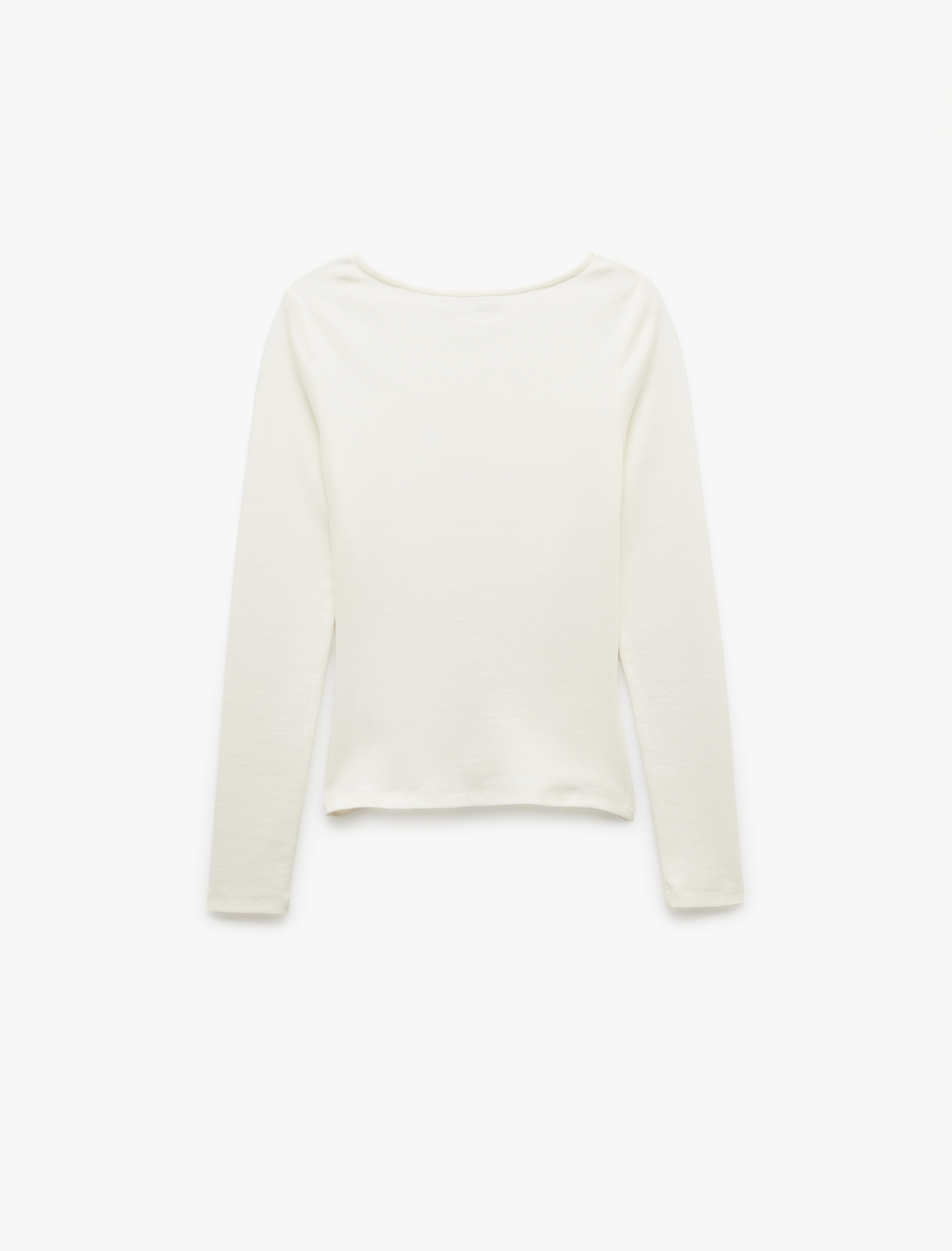   Pamuklu Slim Fit Kayık Yaka Drapeli Uzun Kollu Tişört