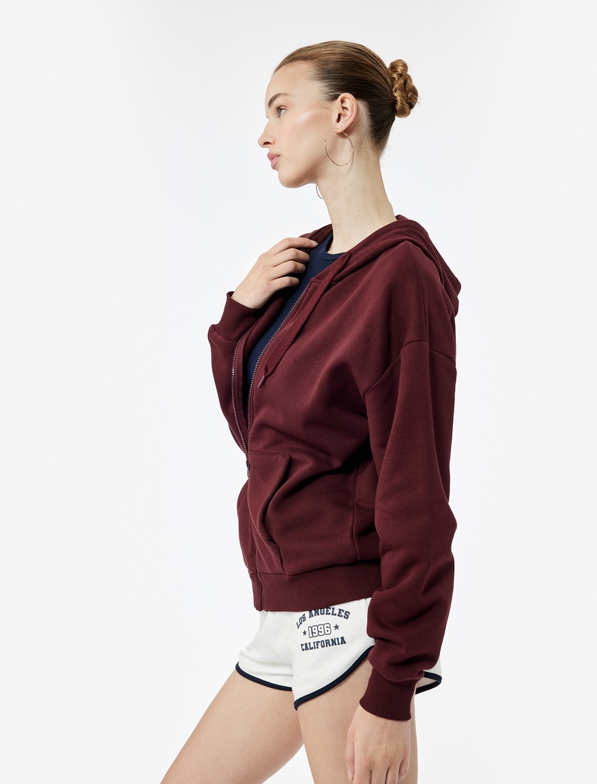   Şardonlu Kanguru Cep Detaylı Kapüşonlu Fermuarlı Oversize Sweatshirt
