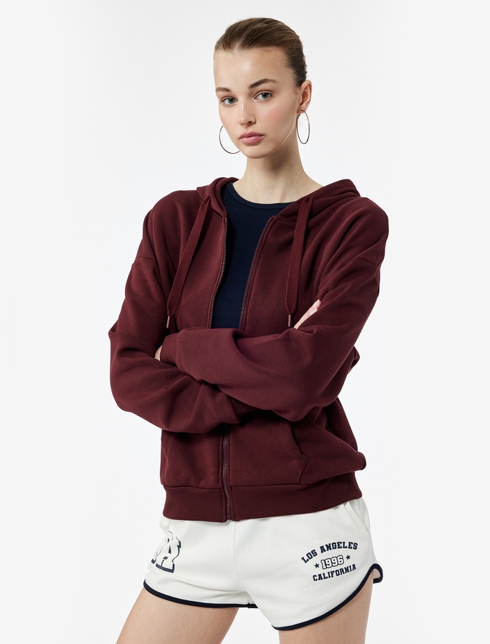  Şardonlu Kanguru Cep Detaylı Kapüşonlu Fermuarlı Oversize Sweatshirt