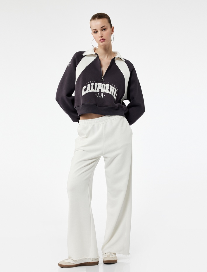  Şardonlu İşlemeli Yarım Fermuarlı Yaka Oversize Crop Sweatshirt