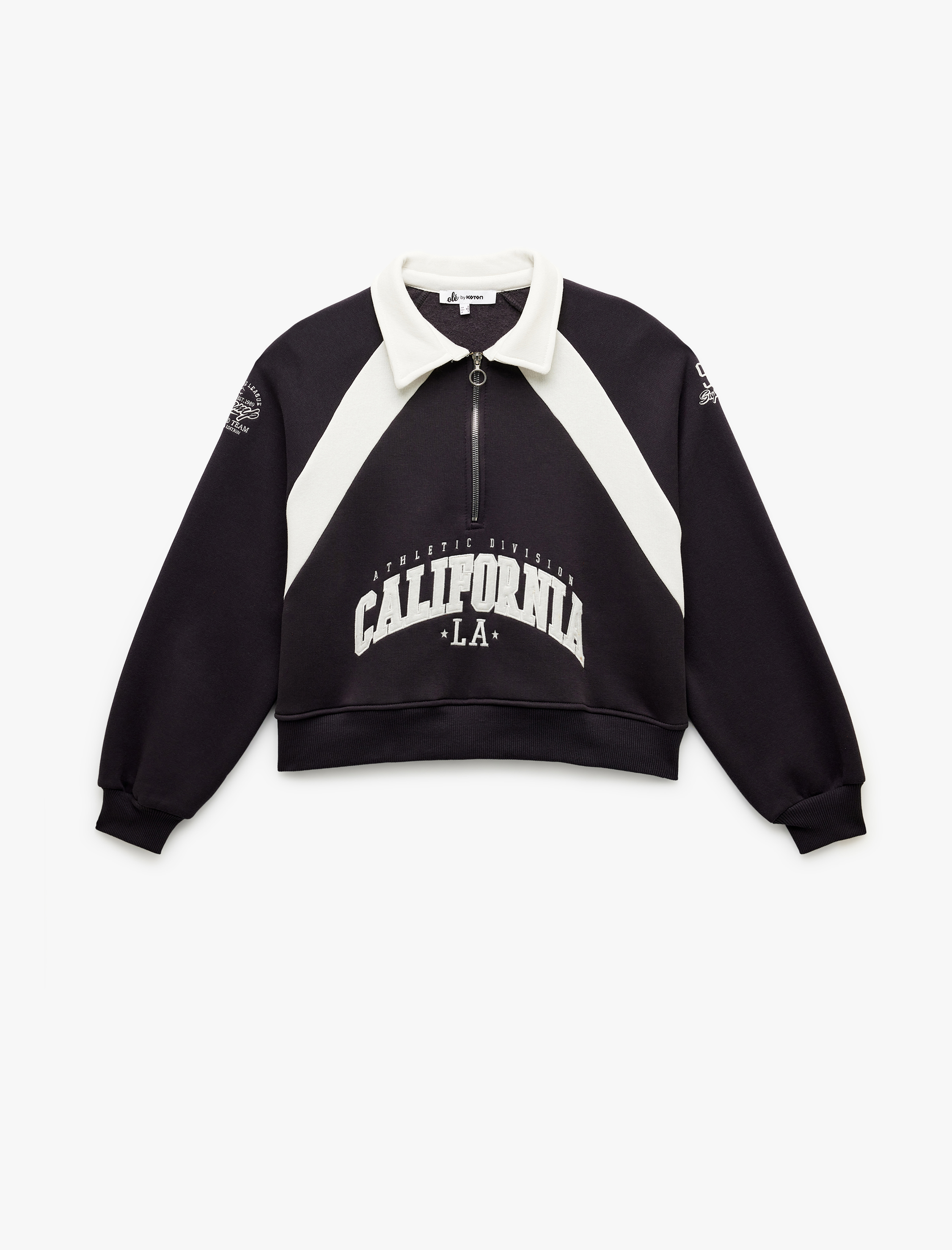   Şardonlu İşlemeli Yarım Fermuarlı Yaka Oversize Crop Sweatshirt