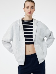 Şardonlu Uzun Kollu Kapüşonlu Kanguru Cepli Oversize Fermuarlı Sweatshirt