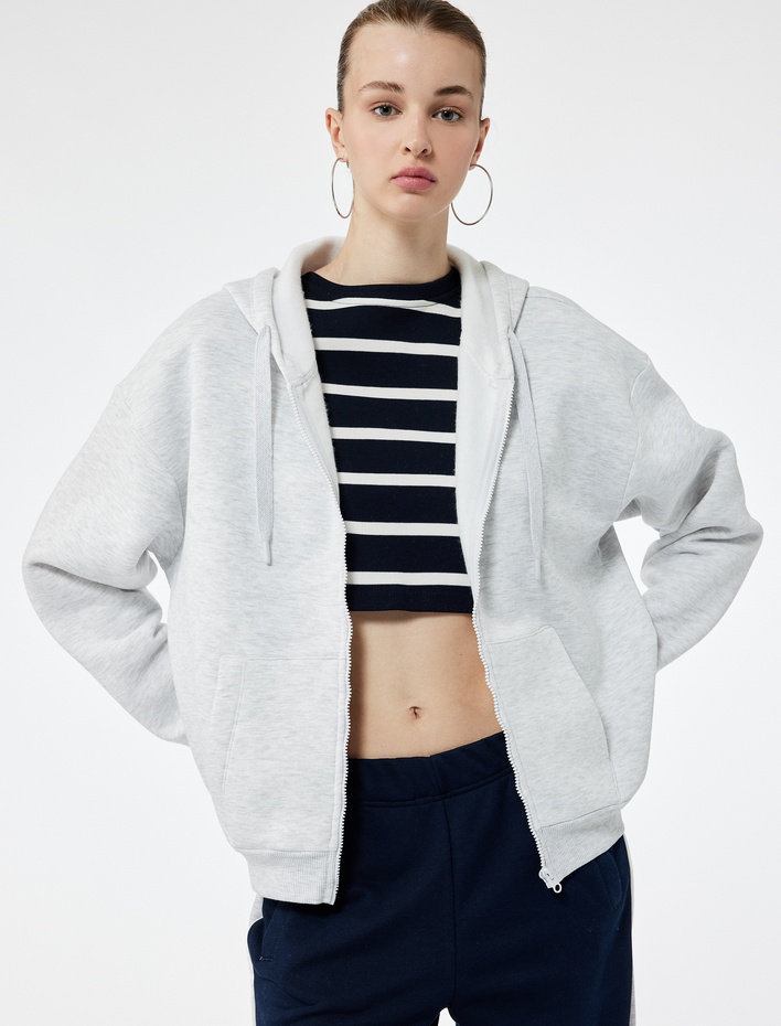  Şardonlu Uzun Kollu Kapüşonlu Kanguru Cepli Oversize Fermuarlı Sweatshirt