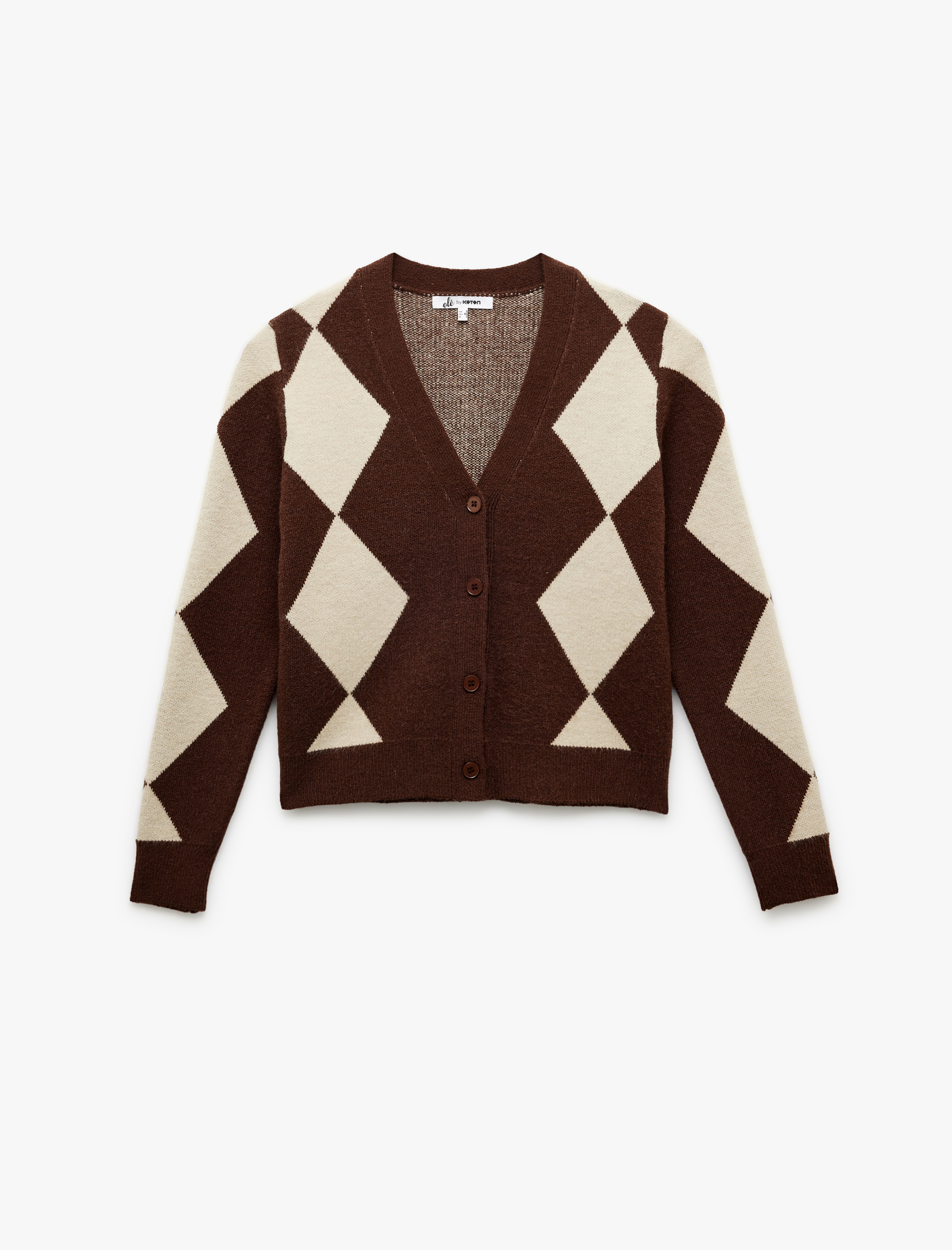   Geometrik Desenli Düğmeli V Yaka Uzun Kollu Triko Hırka