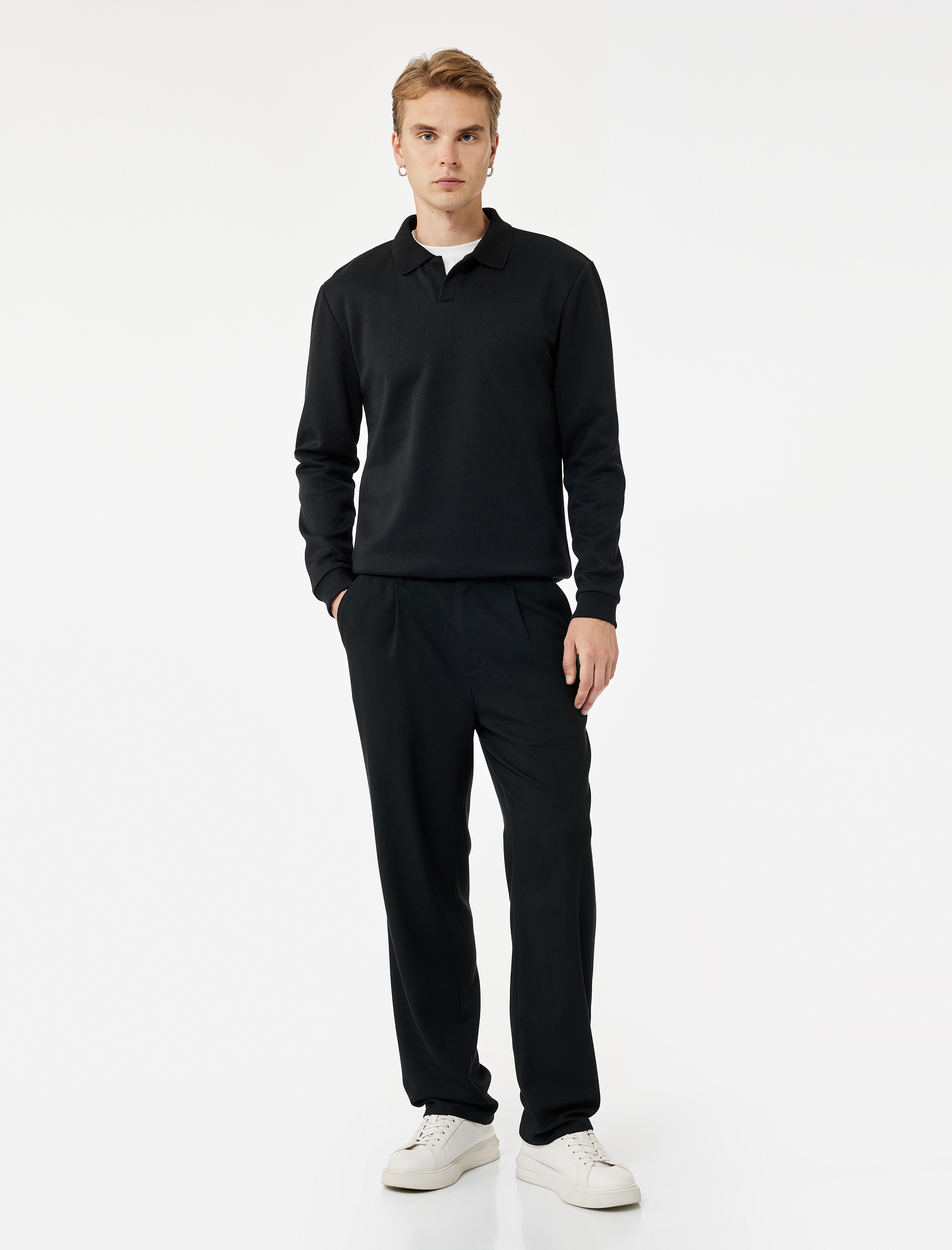   Pike Kumaş Polo Yaka Uzun Kollu Basic Sweatshirt