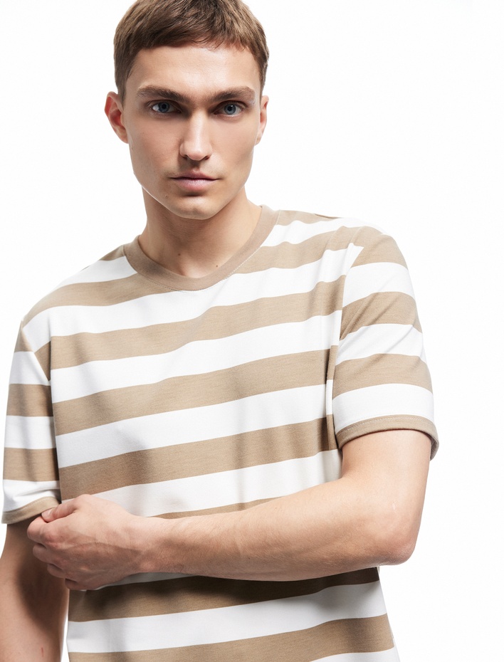  Regular Fit Kısa Kollu Tok Kumaş Çizgili Bisiklet Yaka Tişört