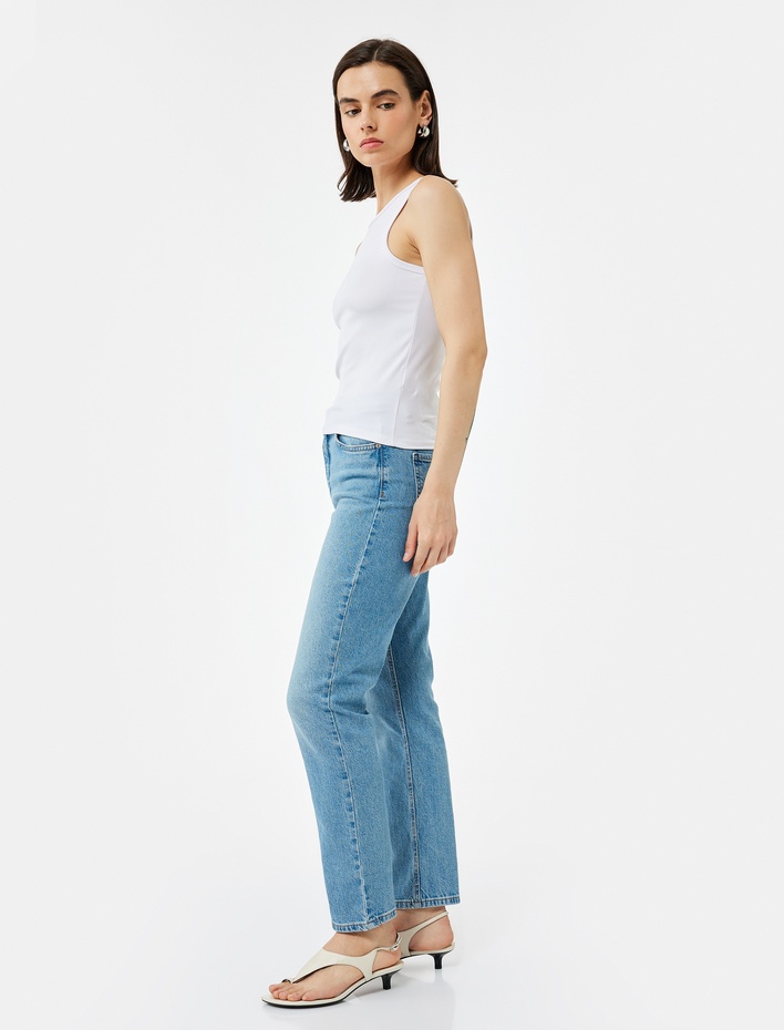  Pamuklu Düz Paça Cepli Düğmeli Jean Pantolon - Straight Jeans