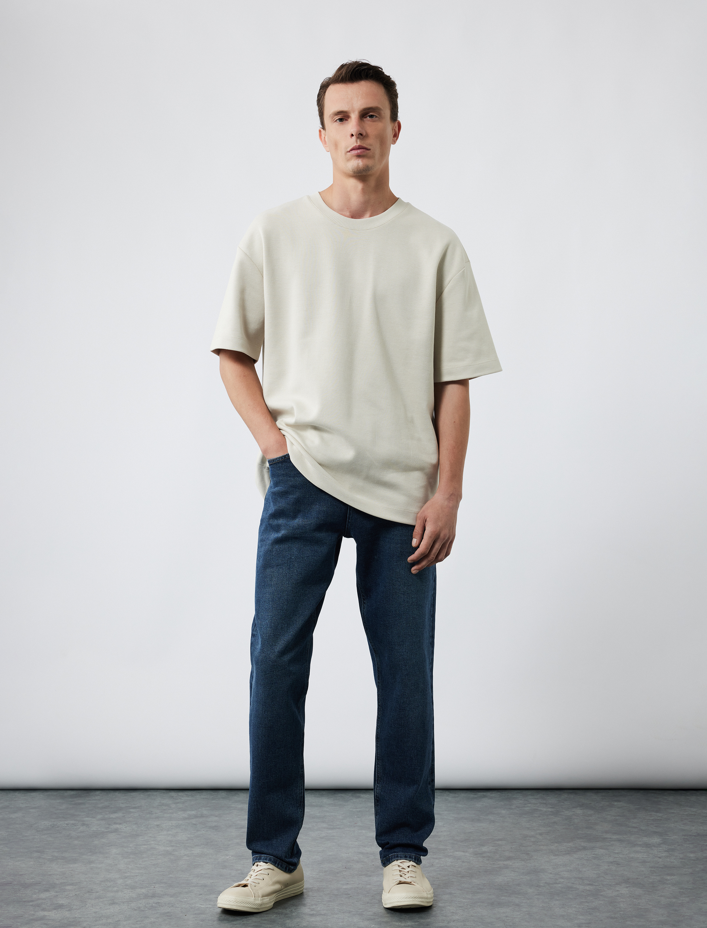   Pamuklu Kısa Kollu Pike Tok Kumaş Bisiklet Yaka Basic Oversize Tişört