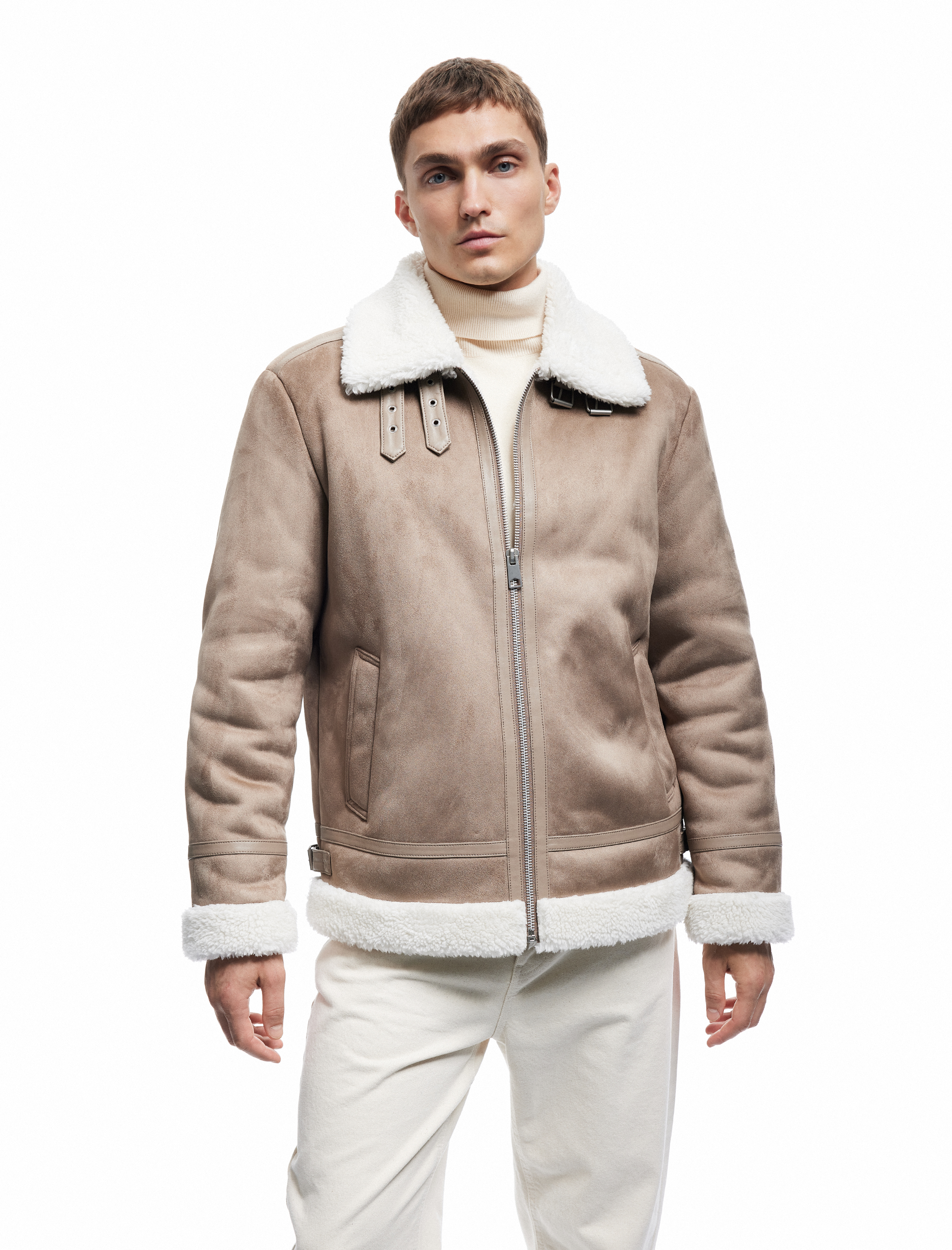   Cep Detaylı Fermuarlı Peluş Yaka Kışlık Suni Süet Ceket