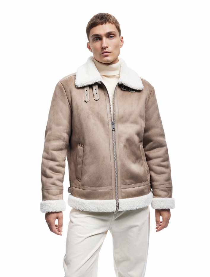  Cep Detaylı Fermuarlı Peluş Yaka Kışlık Suni Süet Ceket