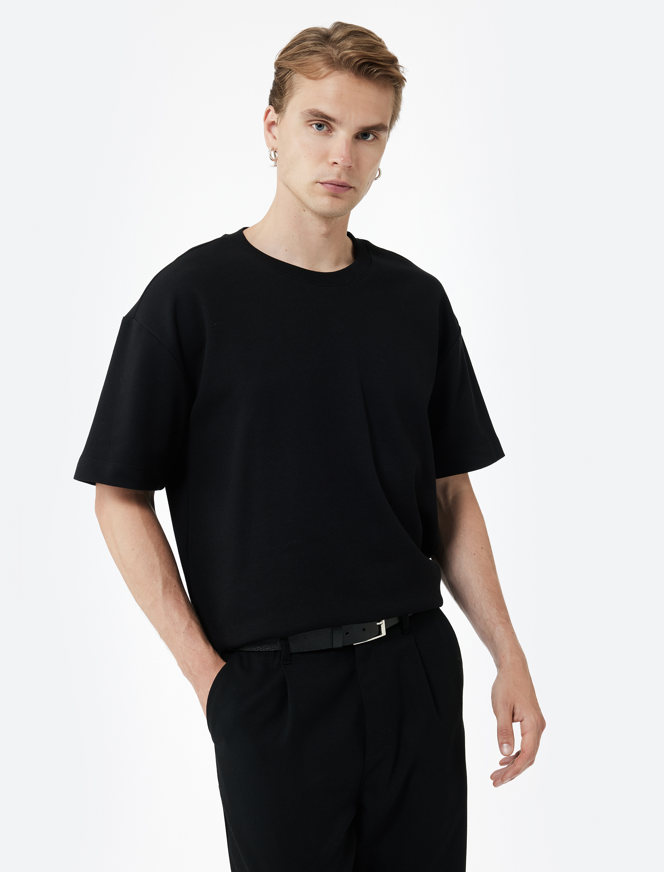   Pamuklu Kısa Kollu Pike Tok Kumaş Bisiklet Yaka Basic Oversize Tişört