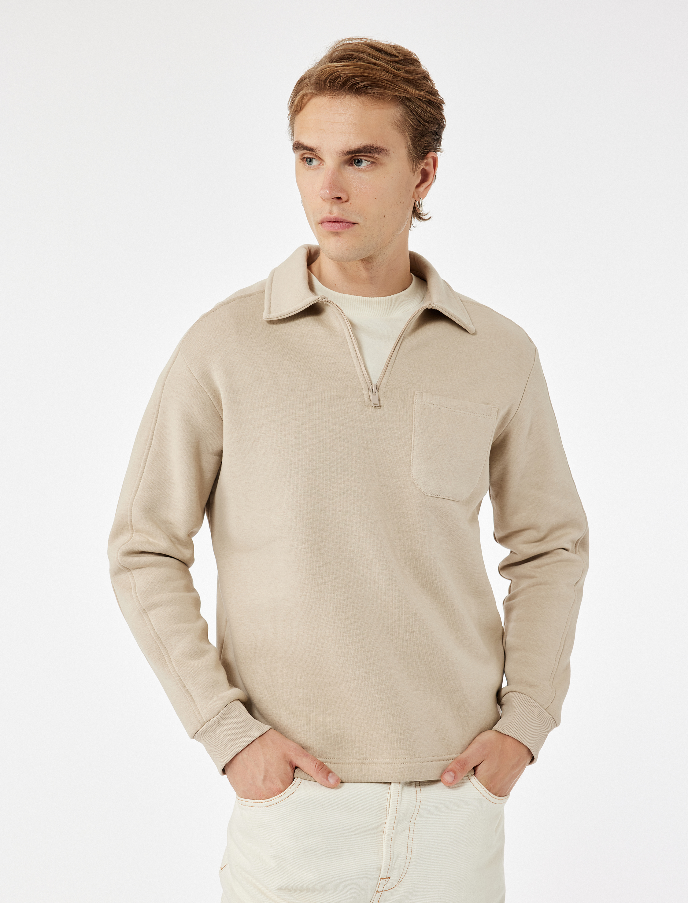   Şardonlu Cep Detaylı Uzun Kollu Yarım Fermuarlı Polo Yaka Sweatshirt