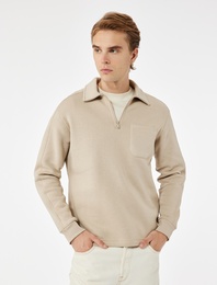 Şardonlu Cep Detaylı Uzun Kollu Yarım Fermuarlı Polo Yaka Sweatshirt