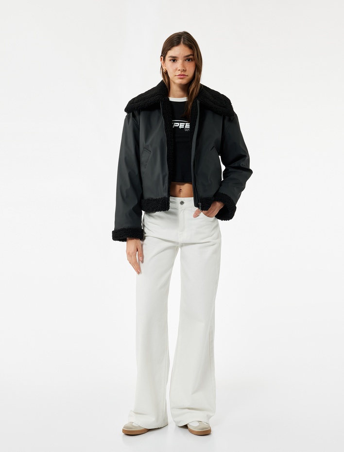  Uzun Kollu Fermuarlı Peluş Yaka Cep Detaylı Su İtici Oversize Ceket