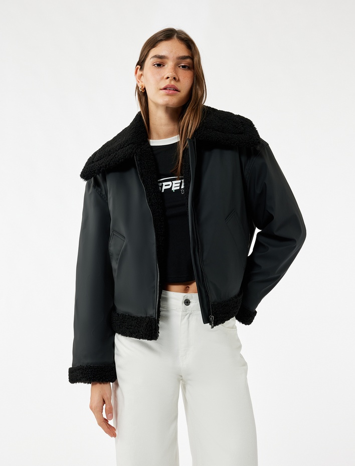  Uzun Kollu Fermuarlı Peluş Yaka Cep Detaylı Su İtici Oversize Ceket