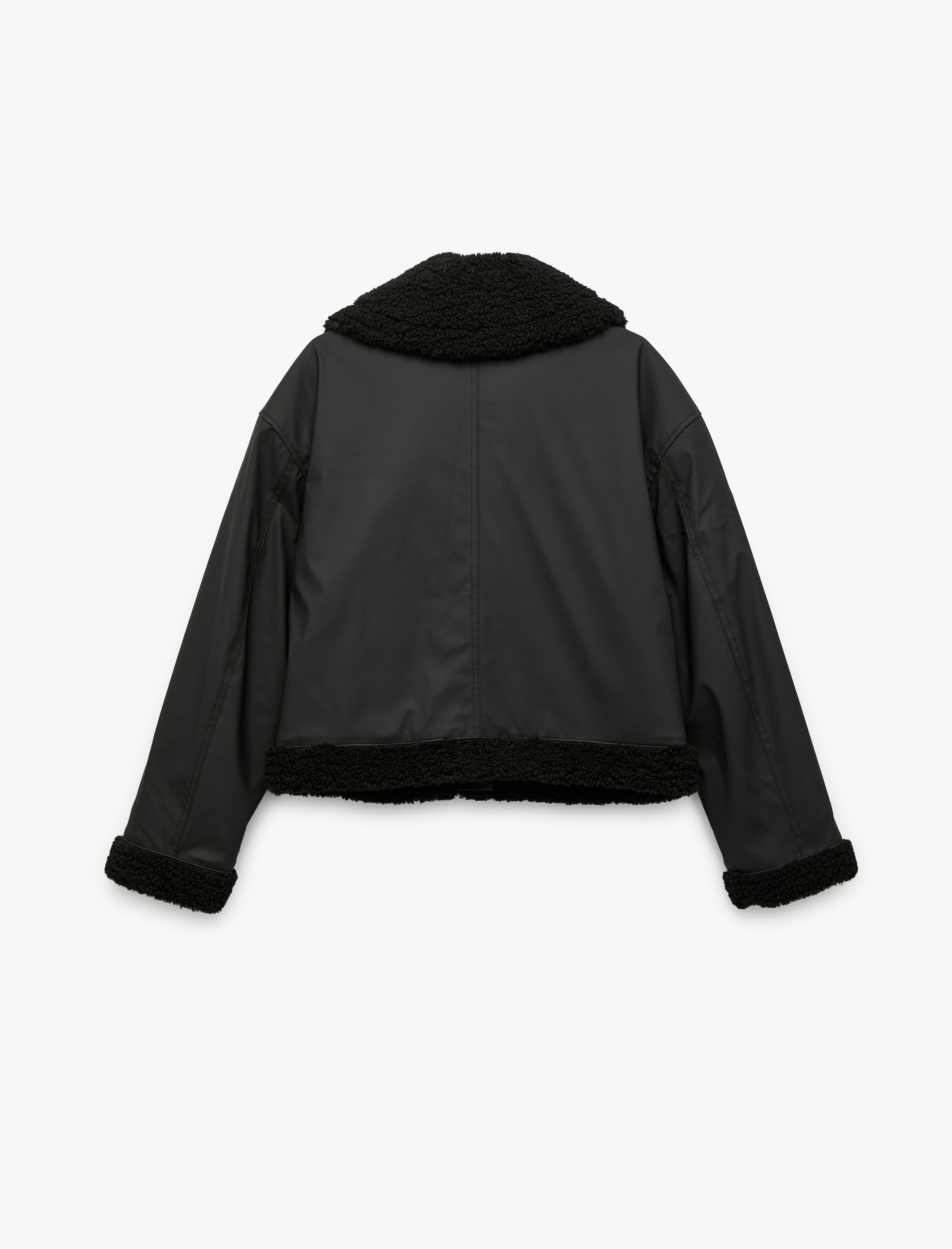   Uzun Kollu Fermuarlı Peluş Yaka Cep Detaylı Su İtici Oversize Ceket