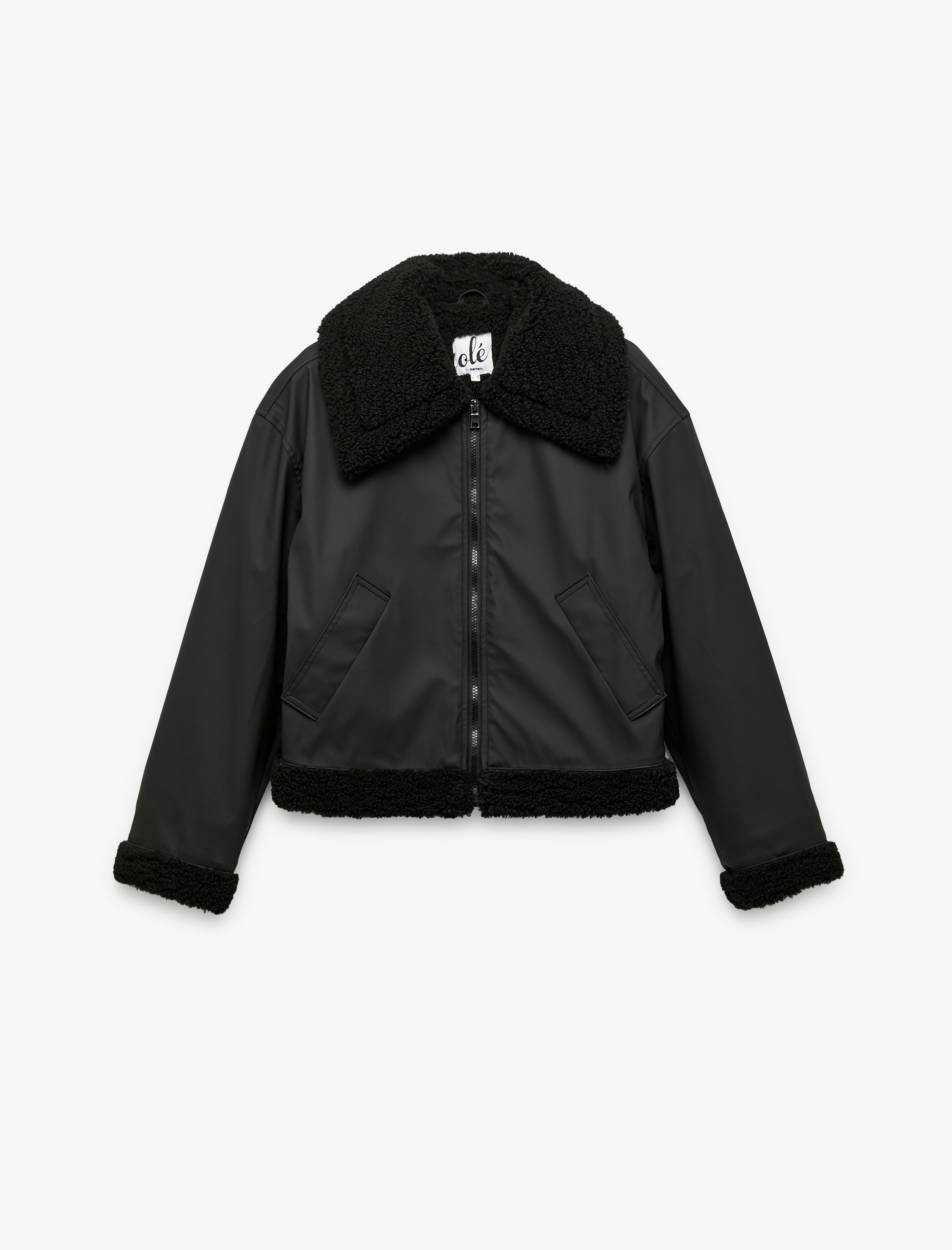   Uzun Kollu Fermuarlı Peluş Yaka Cep Detaylı Su İtici Oversize Ceket