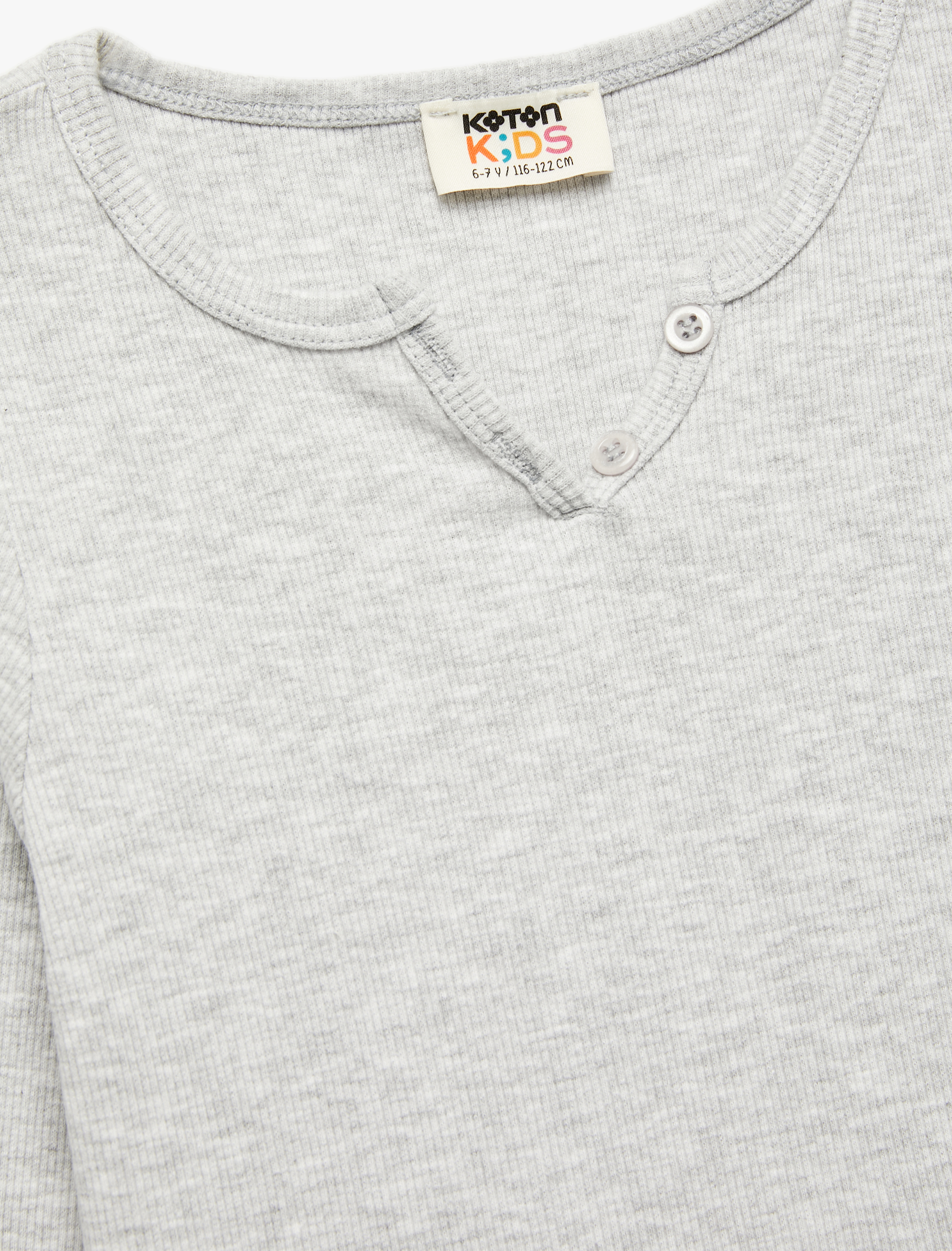  Kız Çocuk Düğme Detaylı Uzun Kollu V Yaka Basic Tişört