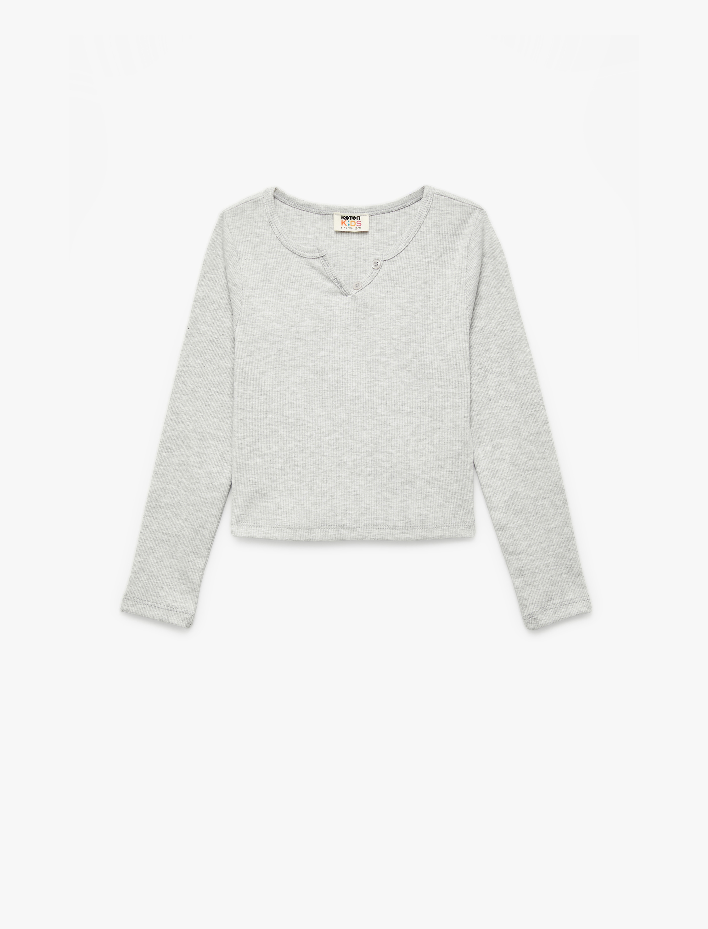  Kız Çocuk Düğme Detaylı Uzun Kollu V Yaka Basic Tişört