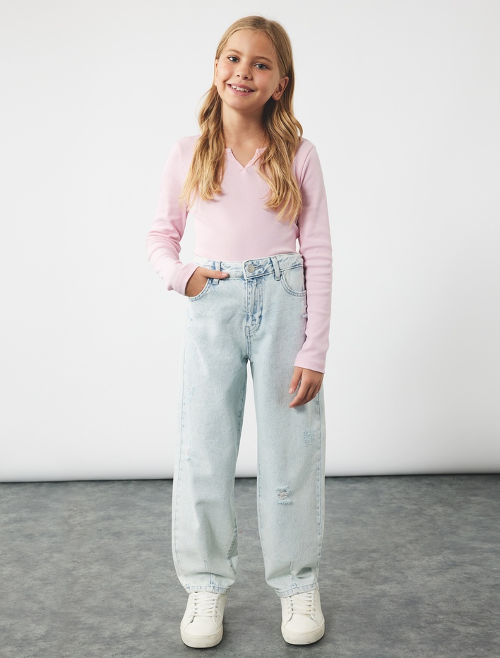 Kız Çocuk Düğme Detaylı Uzun Kollu V Yaka Basic Tişört