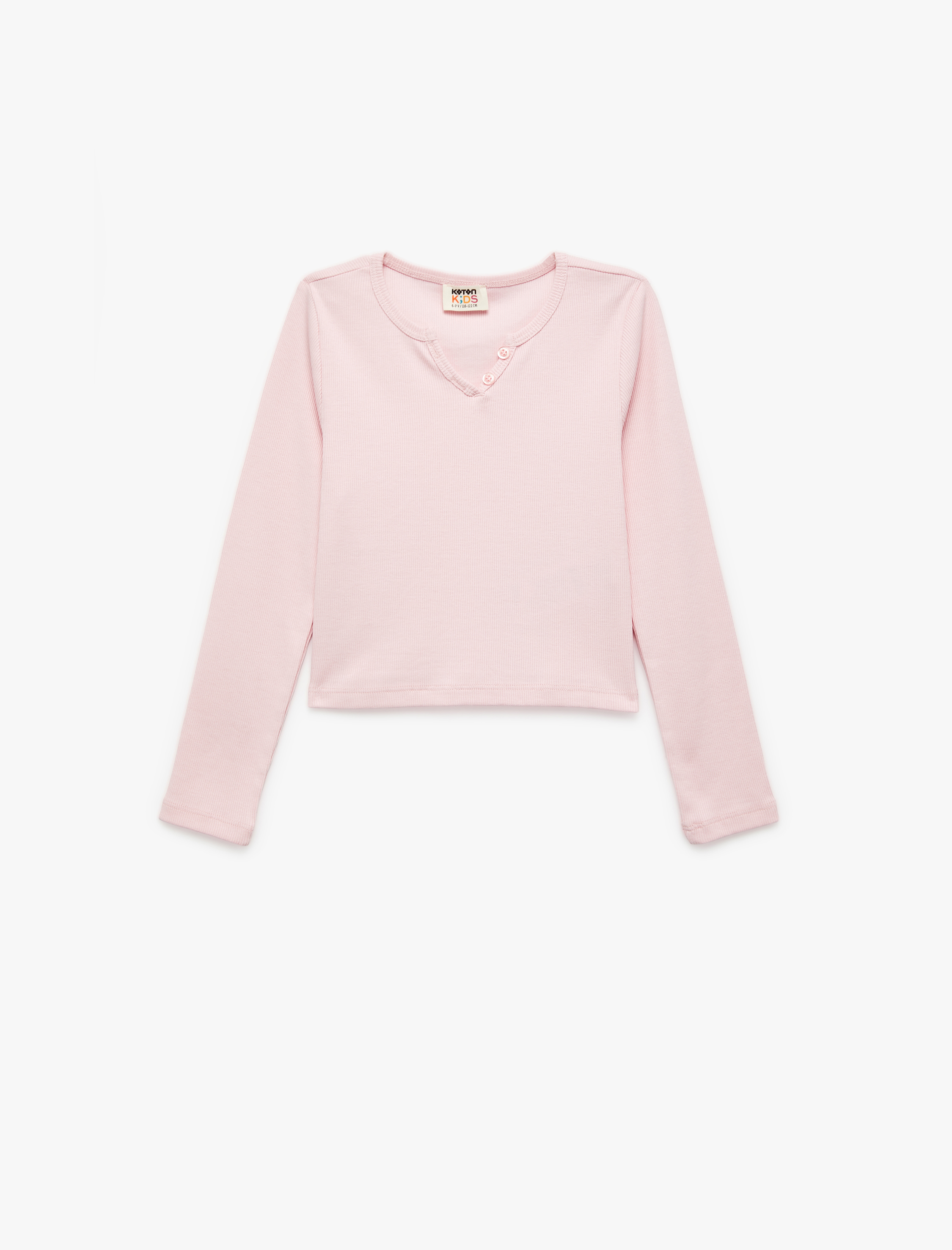  Kız Çocuk Düğme Detaylı Uzun Kollu V Yaka Basic Tişört