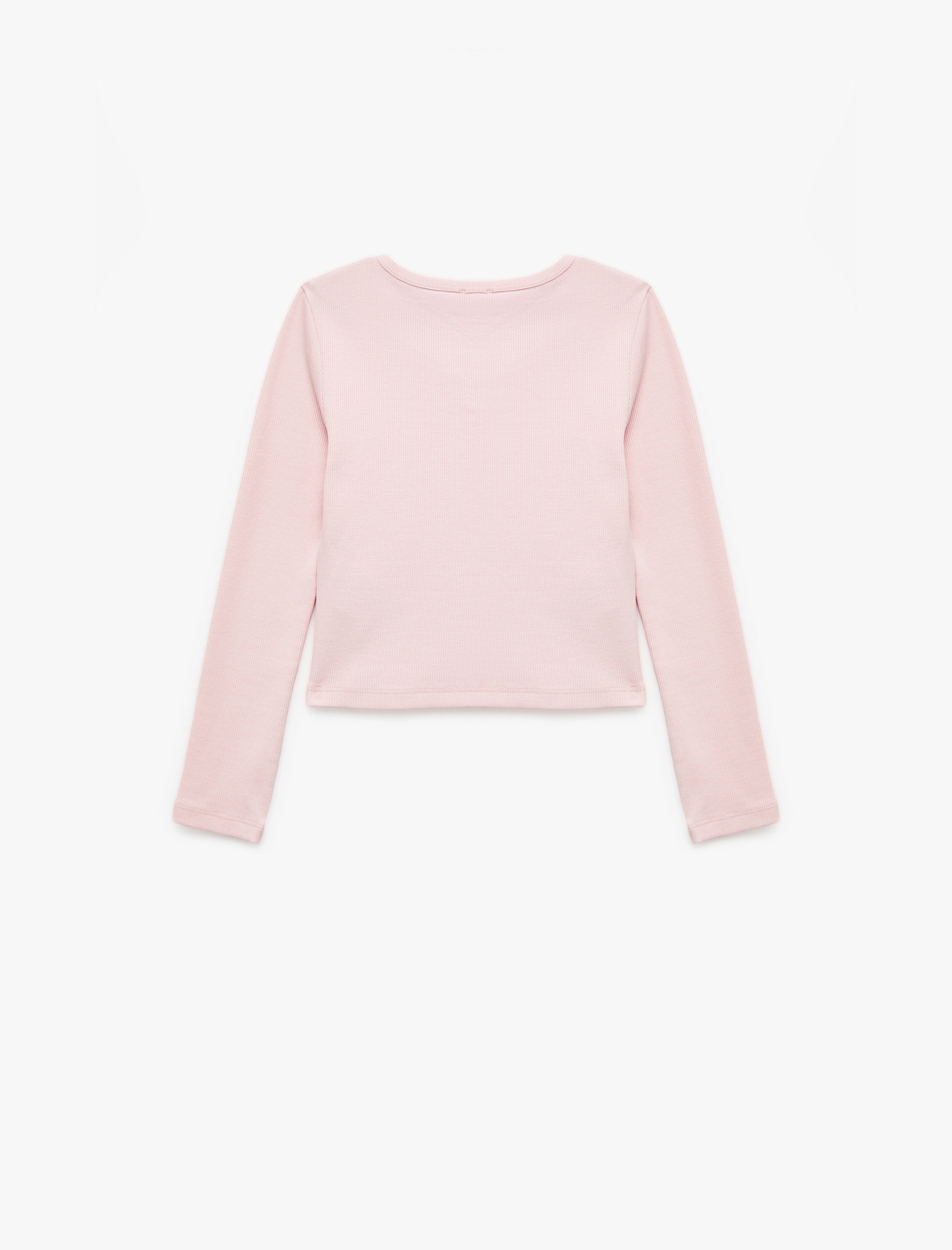  Kız Çocuk Düğme Detaylı Uzun Kollu V Yaka Basic Tişört